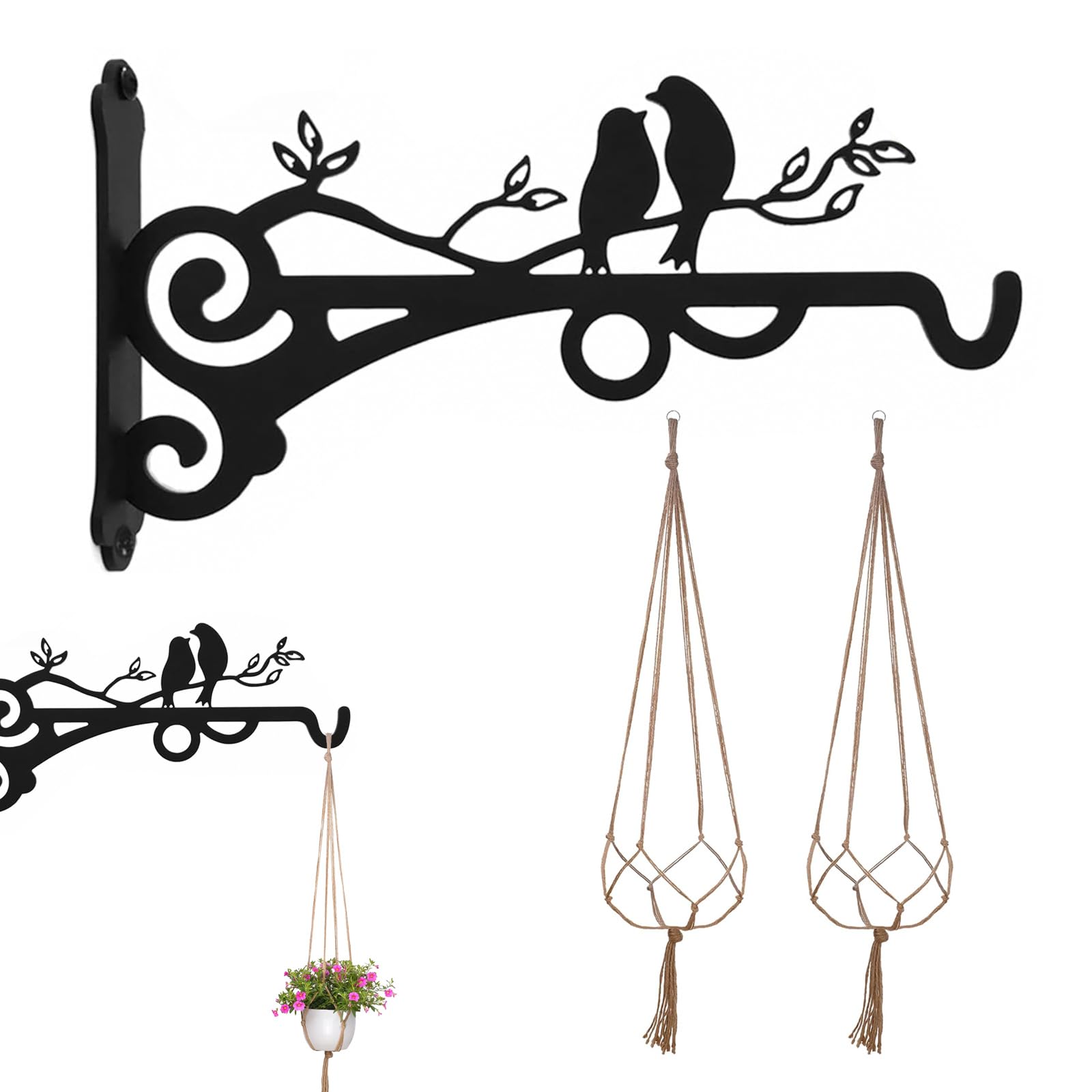 Orartmm Black 2Pack Hanging Basket, Bird Feeders,Lanterns,Planters,Hanging Basket Brackets Outdoor With 2 Pack Cotton Rope Macrame Plant Hanger