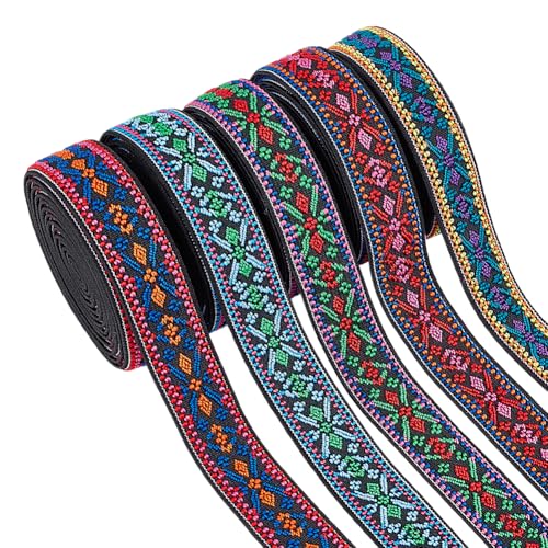 BENECREAT 5 colori Nastro Elastico Jacquard Fiore Vintage, Fascia Elastica Ricamata Etnica Da 20mm per Decorazioni di Abbellimenti di Accessori per Abbigliamento Fai Da Te