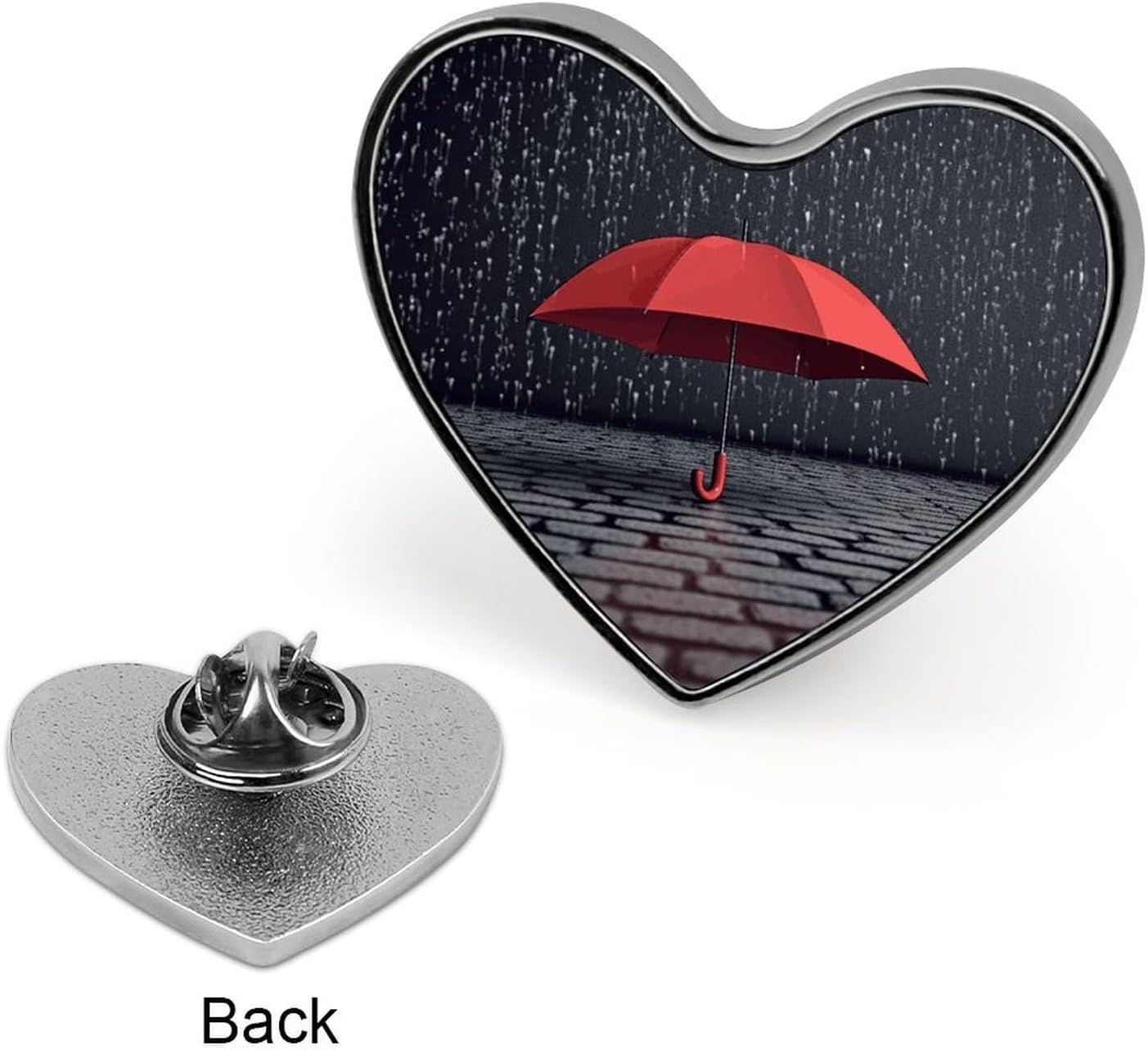 Red Umbrella in Rain Brooch Pins Heart Shaped Lapel Pin Personalized Metal Heart Brooch Badge Fashion Button Badges Clothing Accessory for Coat Dress Clothes Decor&Gifts image 3