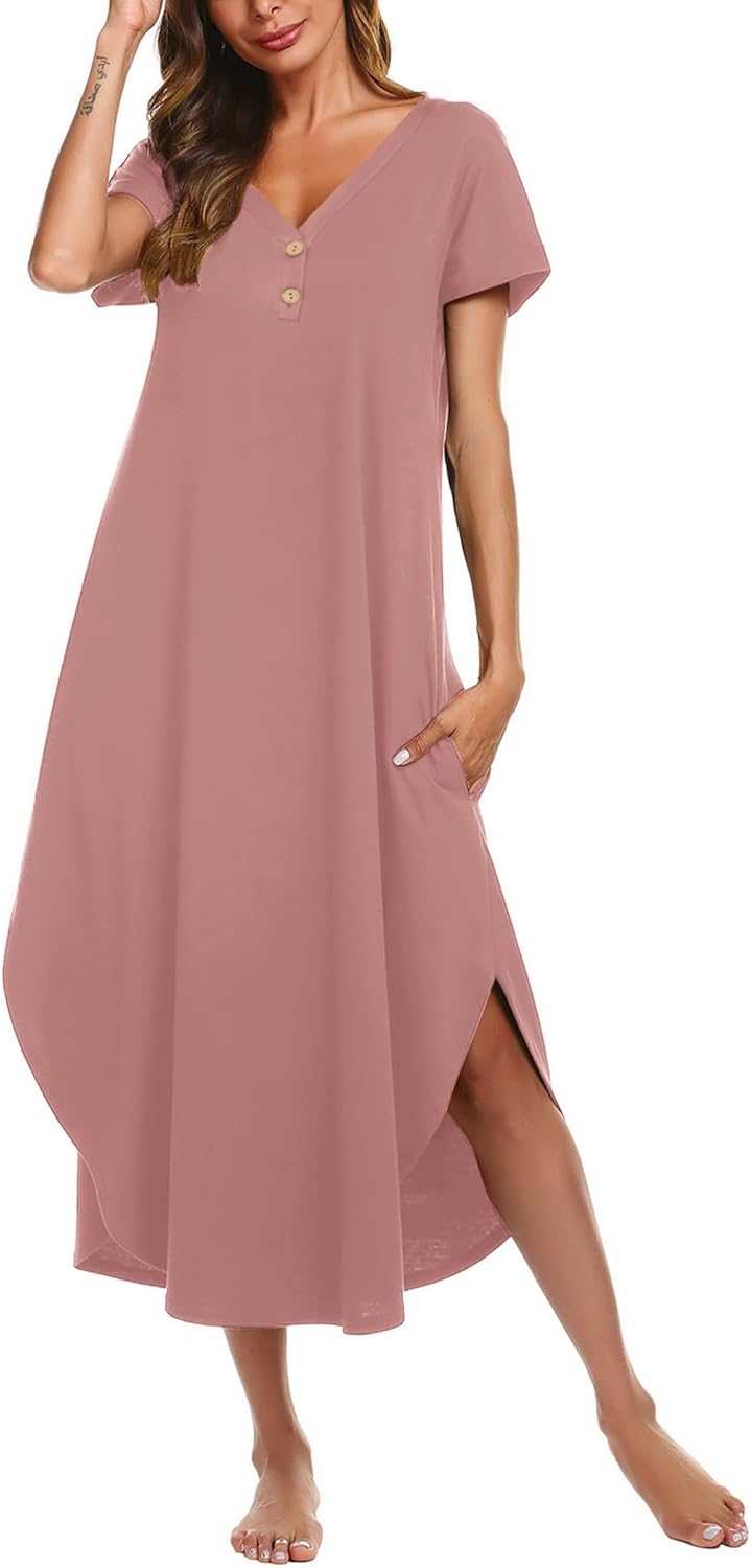 Ekouaer Long Nightgowns for Women Button Night Gowns Short Sleeve Sleepwear Full Length Sleep Shirts With Pockets S-2XL