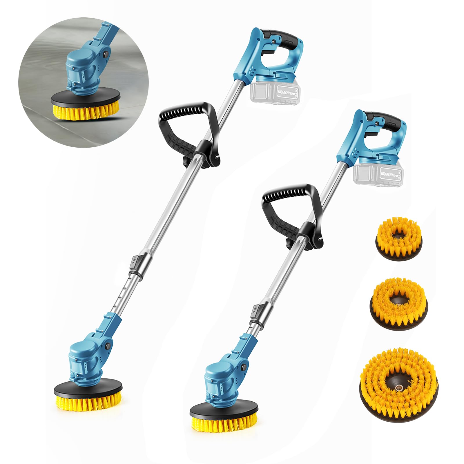 Spazzola motorizzata telescopica, diametro 125 mm, spazzola in nylon con 5000 giri/min, asta da 90 cm a 125 cm, fornita con 3 spazzole, compatibile con Ma-Kita~ 21 V, non inclusa, per pavimento, auto