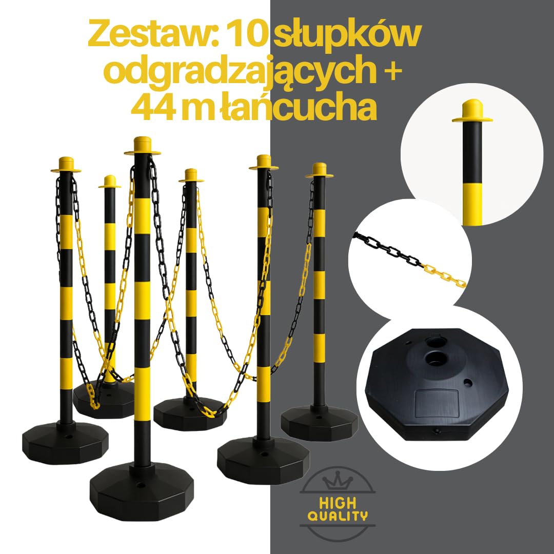 Zestaw 10 słupków odgradzających żółto-czarnych z łańcuchem 44 m – słupki łańcuchowe z podstawą – do użytku wewnątrz i na zewnątrz