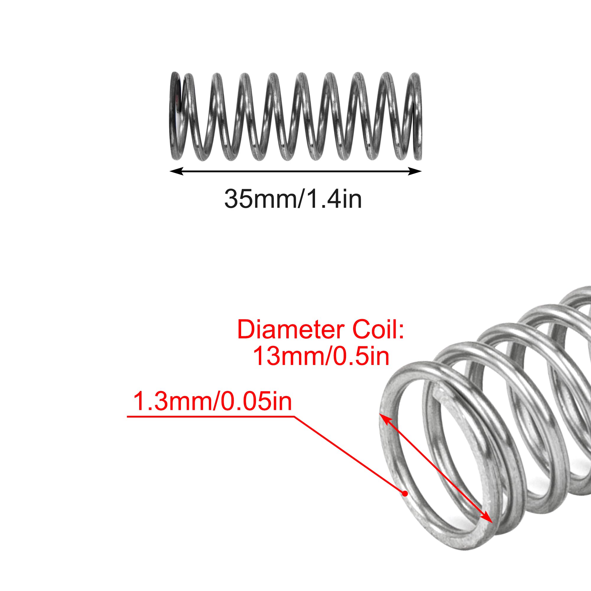 Sprężyny ściskające 35 mm sprężyna ze stali nierdzewnej 304 średnica drutu 1,3 mm średnica zewnętrzna 13 mm siła sprężyny 2,8 kg 10 sztuk