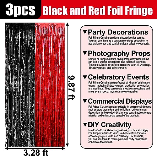 Image of 3 Pack Black Red Foil Fringe Curtain Backdrop, 3.28Ft x 9.8Ft Metallic Tinsel Foil Fringe Streamer Curtains for Photo Booth, Christmas Day, Thanksgiving, Wedding, New Year Party Decorations