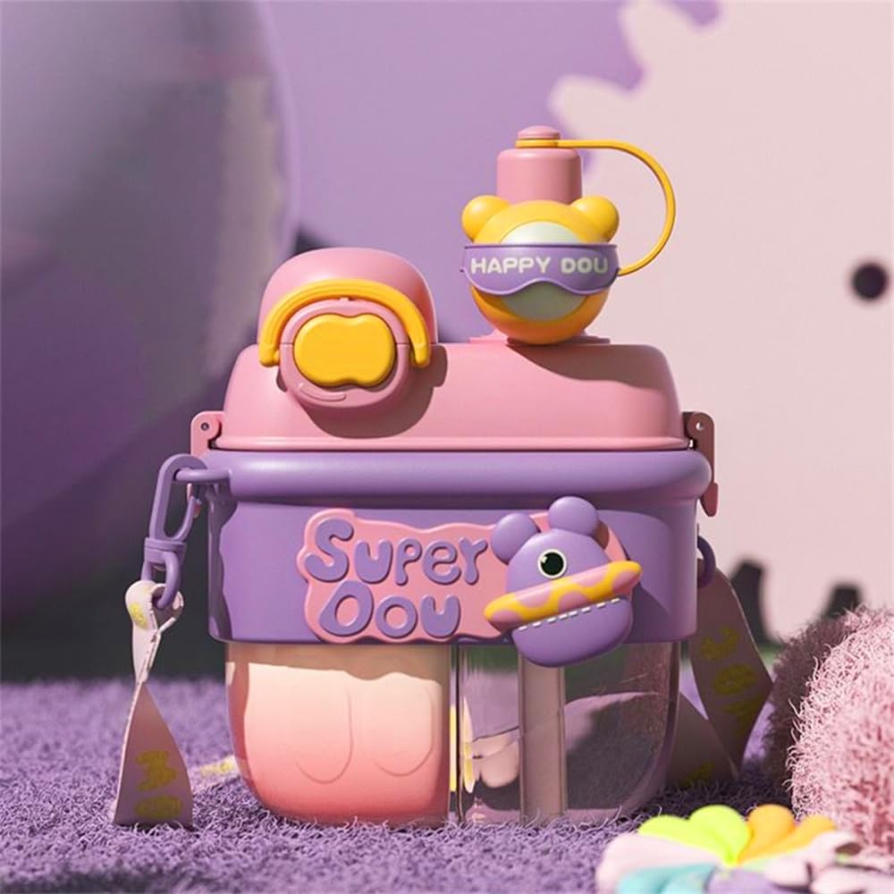 Kawaii Water Bottle for Girls, Double Chamber Water Bottle with Adjustable Strap, Portable Leakproof Cute Kids Water Bottles for School, 17 oz