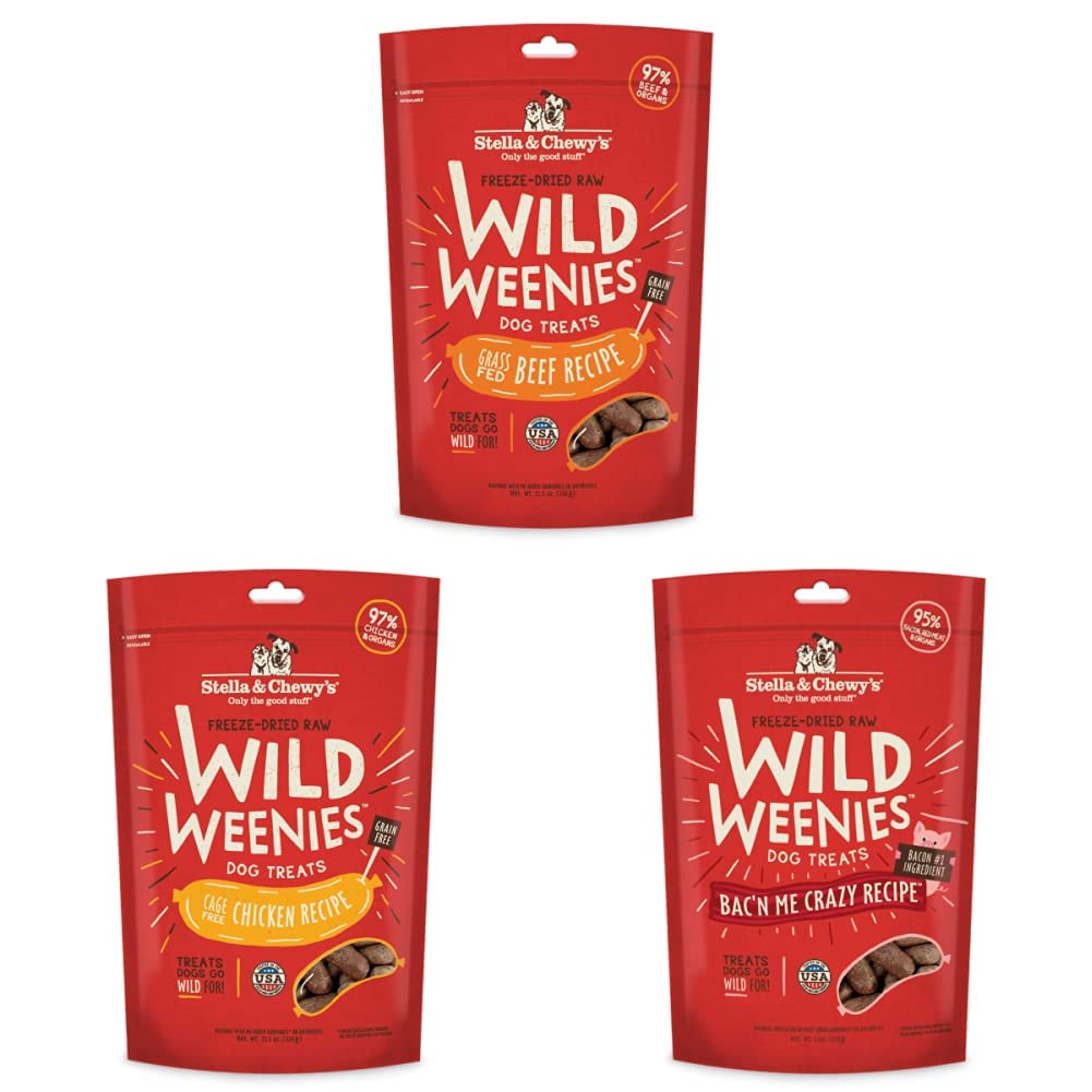 Stella & Chewy's Wild Weenies Dog Treats Large Bag 3 Pack Variety Bundle (Beef, Chicken & Bacon)