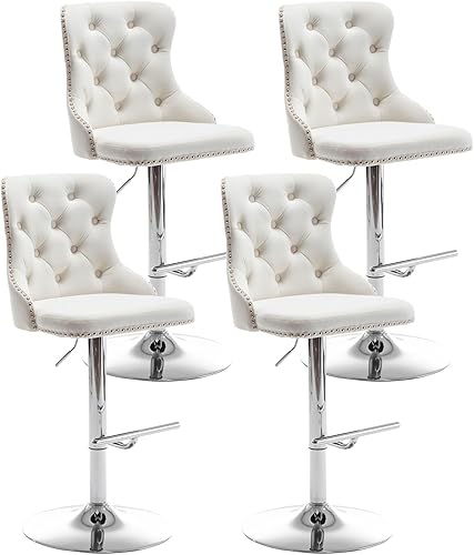 Miniatura 13 de Juego de 2 taburetes de bar giratorios de altura de mostrador con borde de botón y cabezas de clavos, sillas de bar de terciopelo dorado para isla