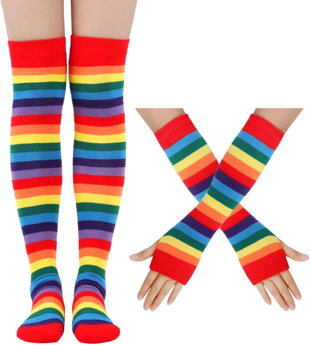 Rainbow Striped Arm Sleeves Leg Warmers for Women Cute Warm Fingerless Gloves Knee High Socks Set