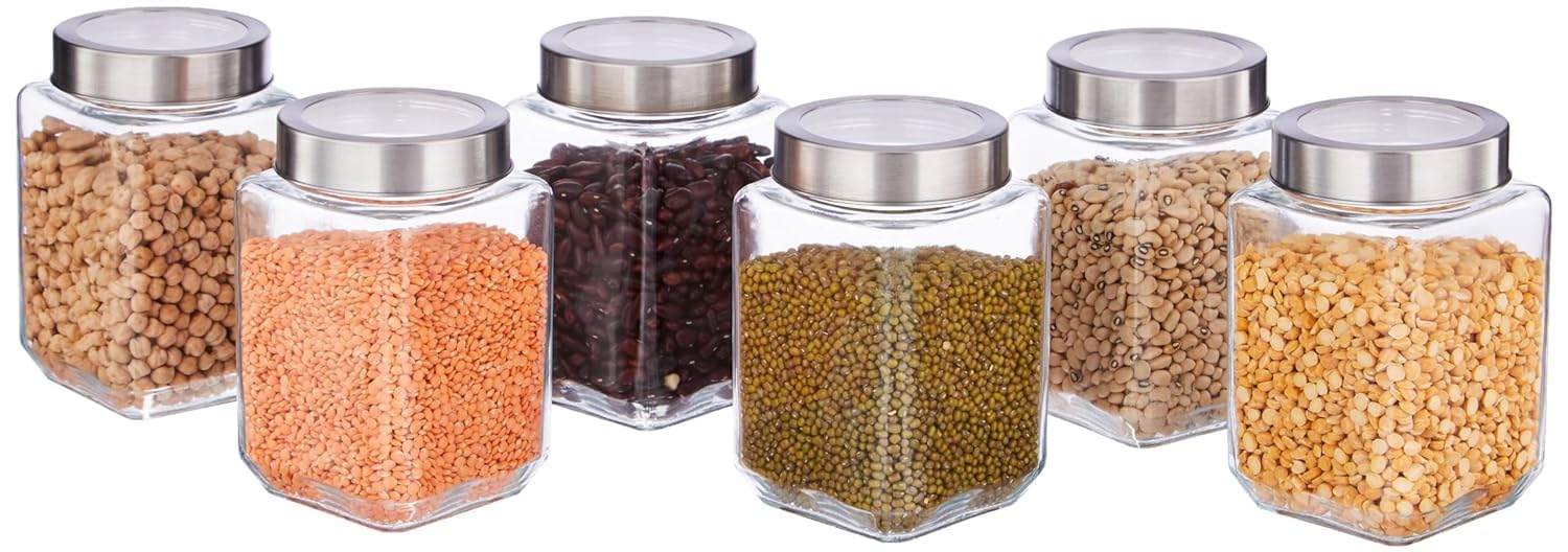 CROCO JAR Square Glass Storage Containers 650ml | Transparent Airtight Kitchen Jars with Steel Lid | Cubical Glass Jars for Pantry, Snacks, Dry Fruits, Masala, Pickle & Coffee Beans | Pack of 6