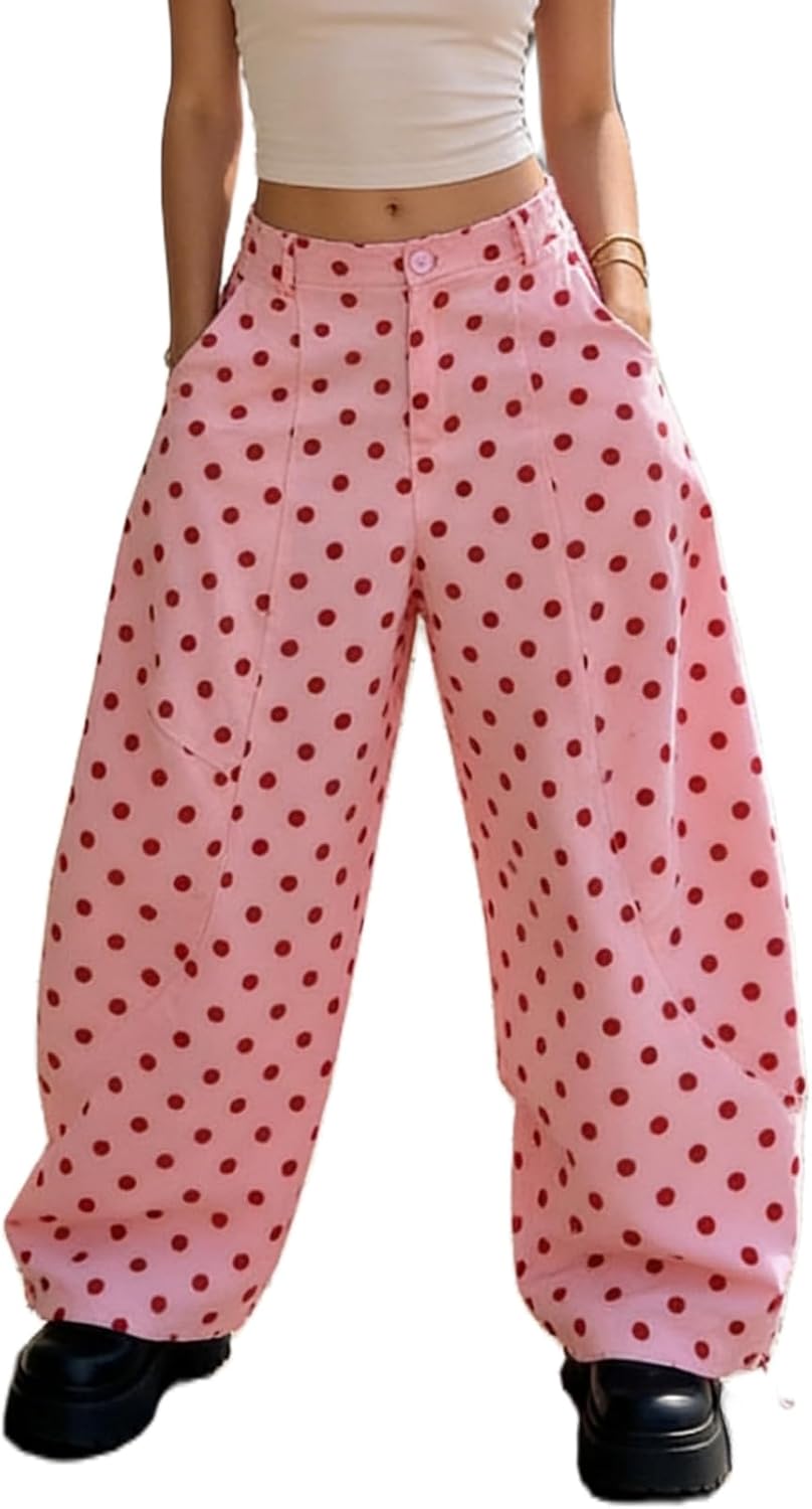Franhais Y2K Barrel Jeans for Women Polka Dots Print High Waist Wide Leg Mom Jeans Vintage Boyfriend Denim Pants Streetwear