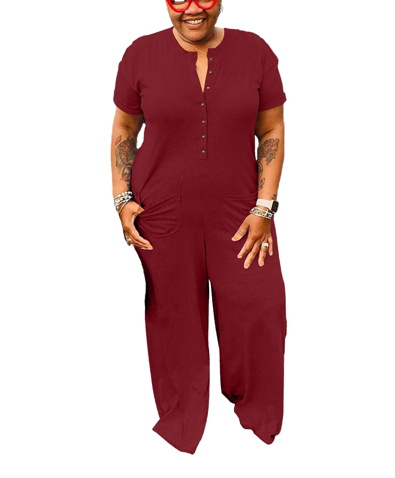 YeGine Plus Size Women Short Sleeve Loose Jumpsuit Casual Rompers One Piece Button Up Wide Leg Jumpsuits