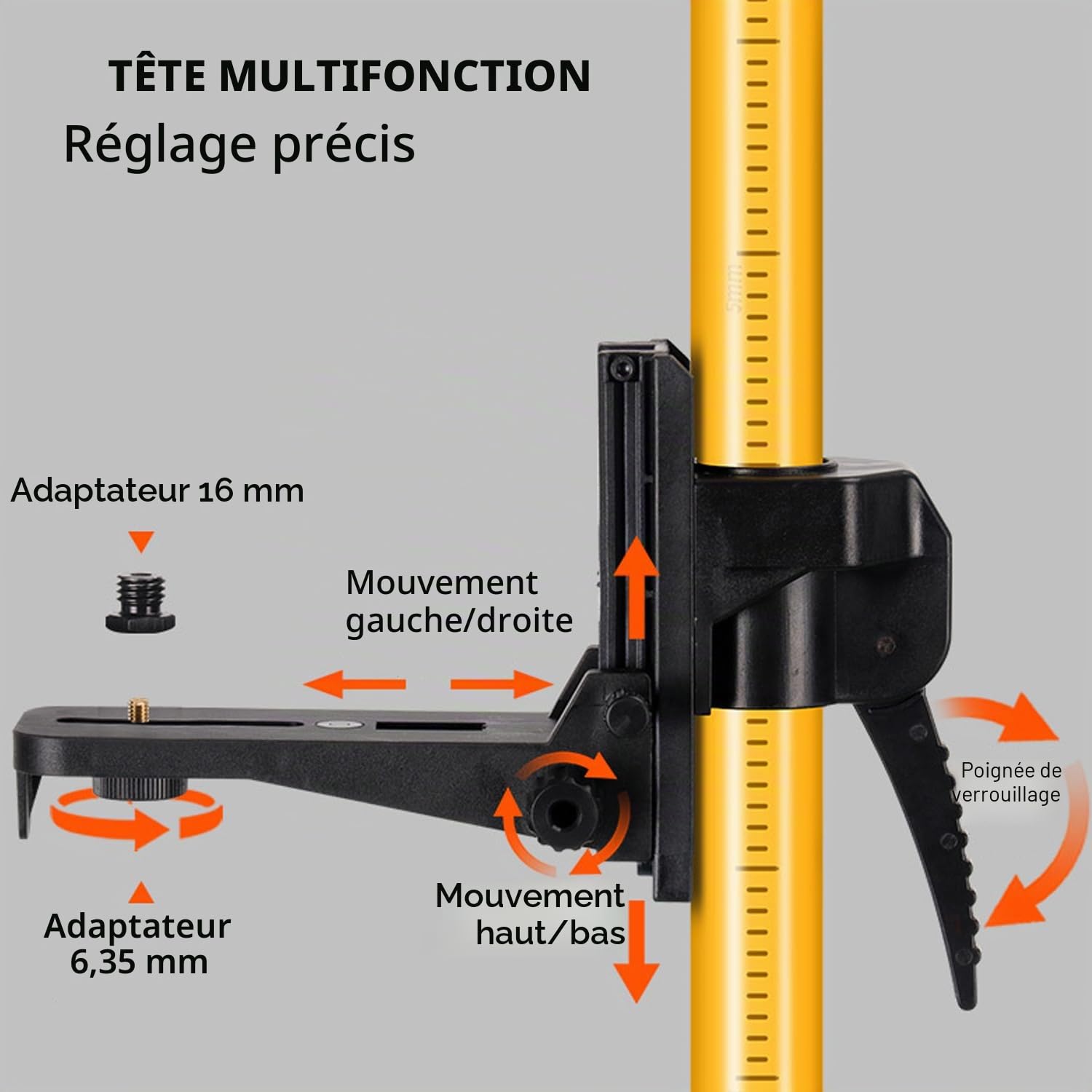 Perche Télescopique 3m/10ft, Trepied Laser avec Réglage Hauteur, Tige Telescopique Niveau Laser 360° Rotation, Support Niveau Laser avec Filetage ExtéRieur 1/4" et Adaptateur de Filetage 5/8"