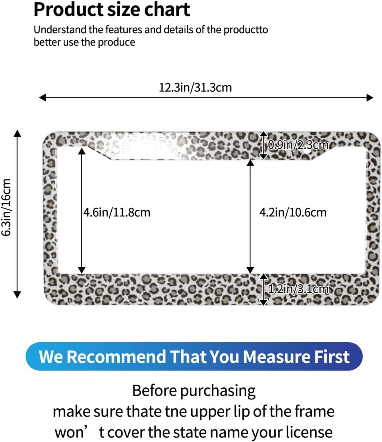 Grey White Leopard Print License Plate Frame Snow Cheetah 2 Pack License Plate Covers Aluminum Metal Novelty Auto Car Tag Holder with 4 Holes 12.3" x 6.3"in Equipped with Screws for Women/Men Frames image 2