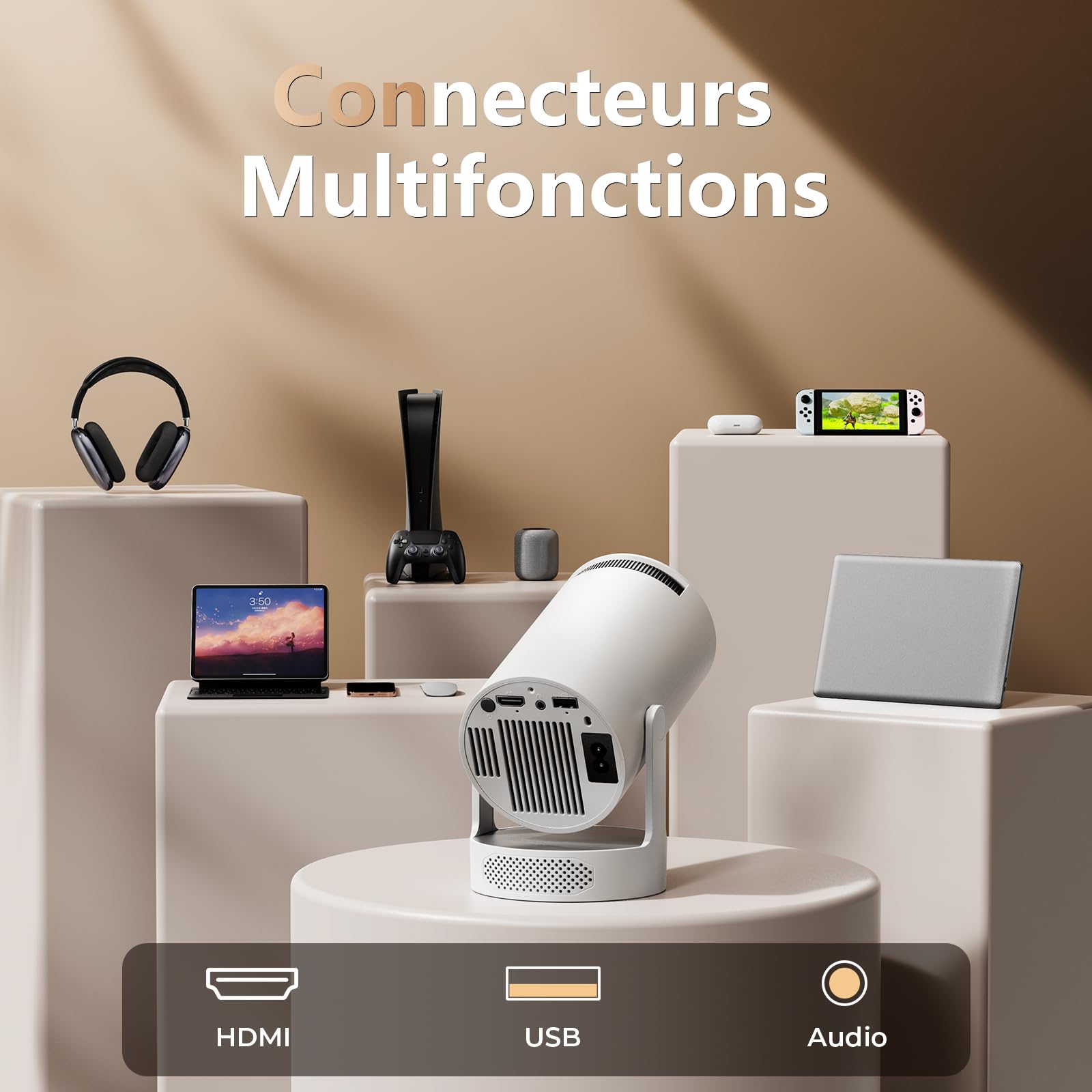 Mini Projecteur Intelligent, Projecteur Vidéo Hi-FI avec Prise en Charge de la 4K 1080P, 300 Lumens ANSI, WIFI6 et Bluetooth et Projecteur à Correction Automatique pour Cinéma à Domicile