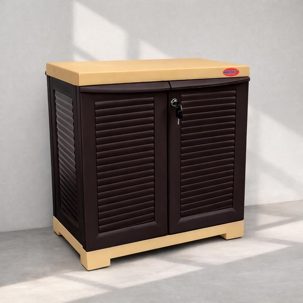 MELODY Plastic Storage Cabinet | 2 Doors Cupboard with Lock System | Multipurpose Storage Suitable for Kids Room and Home (Brown and Creme, Small)-image-7