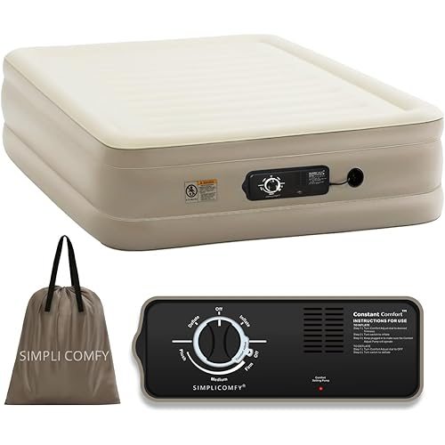 Simpli Comfy 18” Queen Inflatable Air Mattress with Built-in Dual Pump, Adjustable Firmness, Foldable Blow-Up Mattress with Storage Bag, Self-Inflating Air Mattress for Home, Guest, Travel, Camping