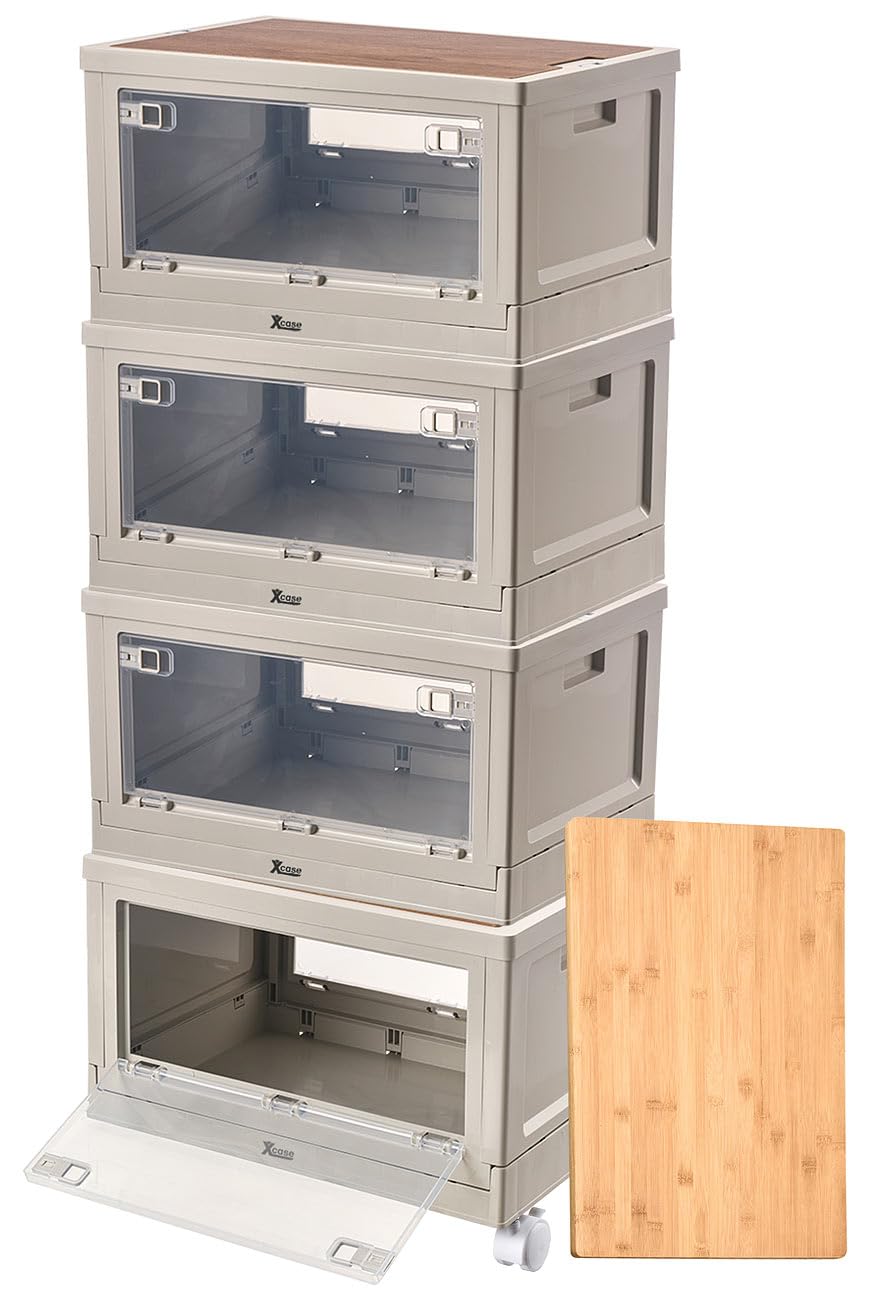 Xcase Klappboxen: 4er-Set Camping-Aufbewahrungsboxen, falt- & stapelbar, MDF-Ablage, 55l (Camping Box mit Klappe, Boxen mit Sichtfenster, Schuhe)