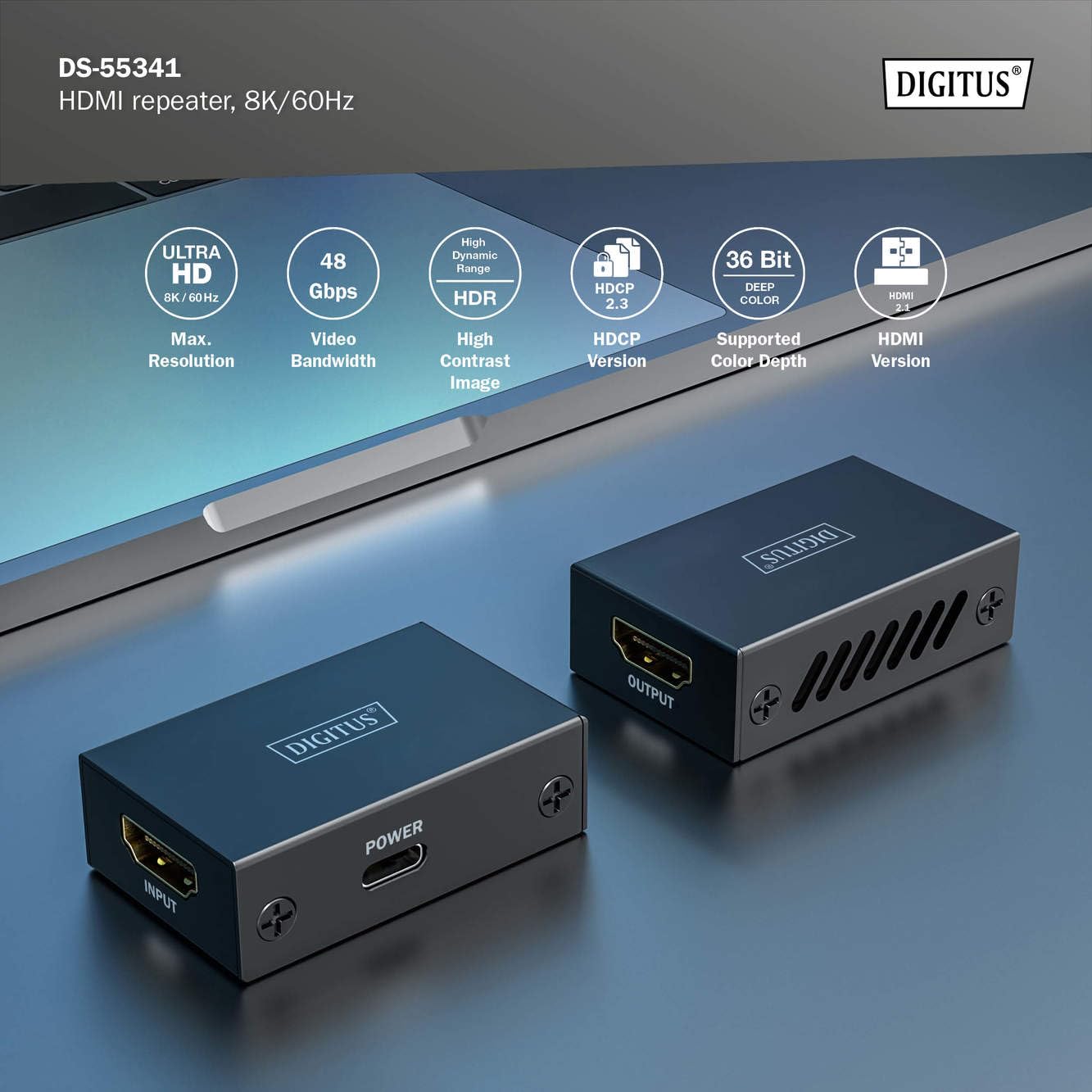 DIGITUS DS-55341 Repeater HDMI - UHD 8K/60 Hz (7680 × 4320p) maks. 10 m - UHD 4K/60 Hz maks. 13 m - Wzmacniacz sygnału, HDMI 2.1, HDCP 2.3, Deep Colour, DTS, Dolby Digital, LPCM - Zasilanie: USB-C