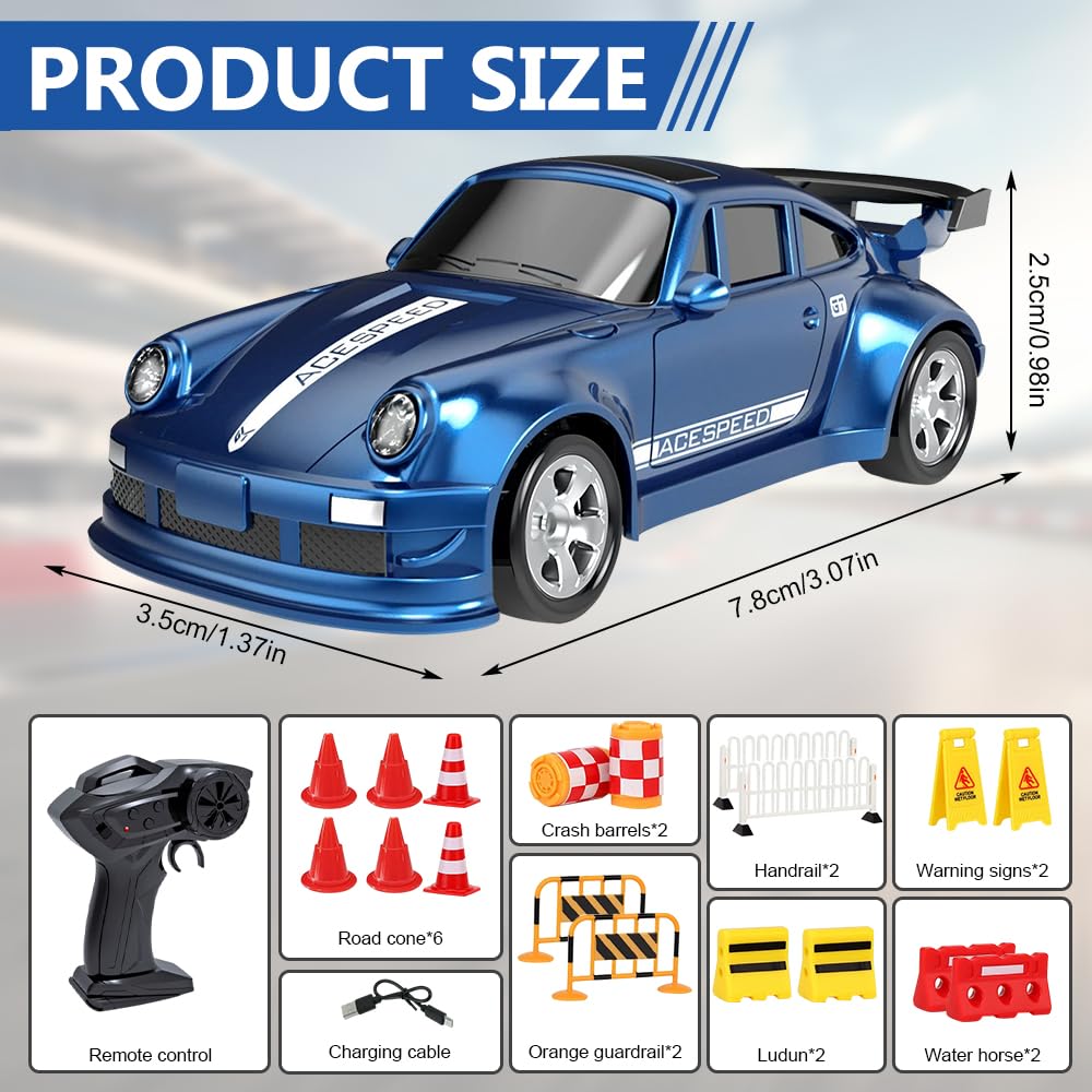 RC Drift Car - Mini voiture télécommandée 1:64 - 4WD avec éclairage - 2,4 GHz - Mini voiture de course radiocommandée avec modèle obstacle - Pour enfants - 15 km/h
