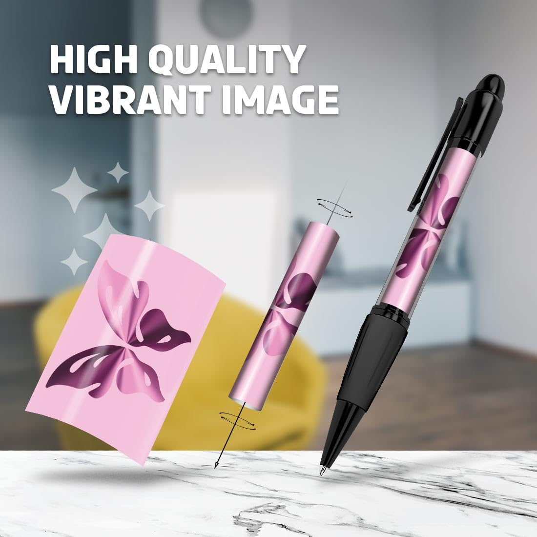 Set of 4 Black Ballpoint Pens (Photo Insert) - Pretty Butterfly Bug Insect Animals Pink - Soft Feel Finger Grip #58100 - Image 2