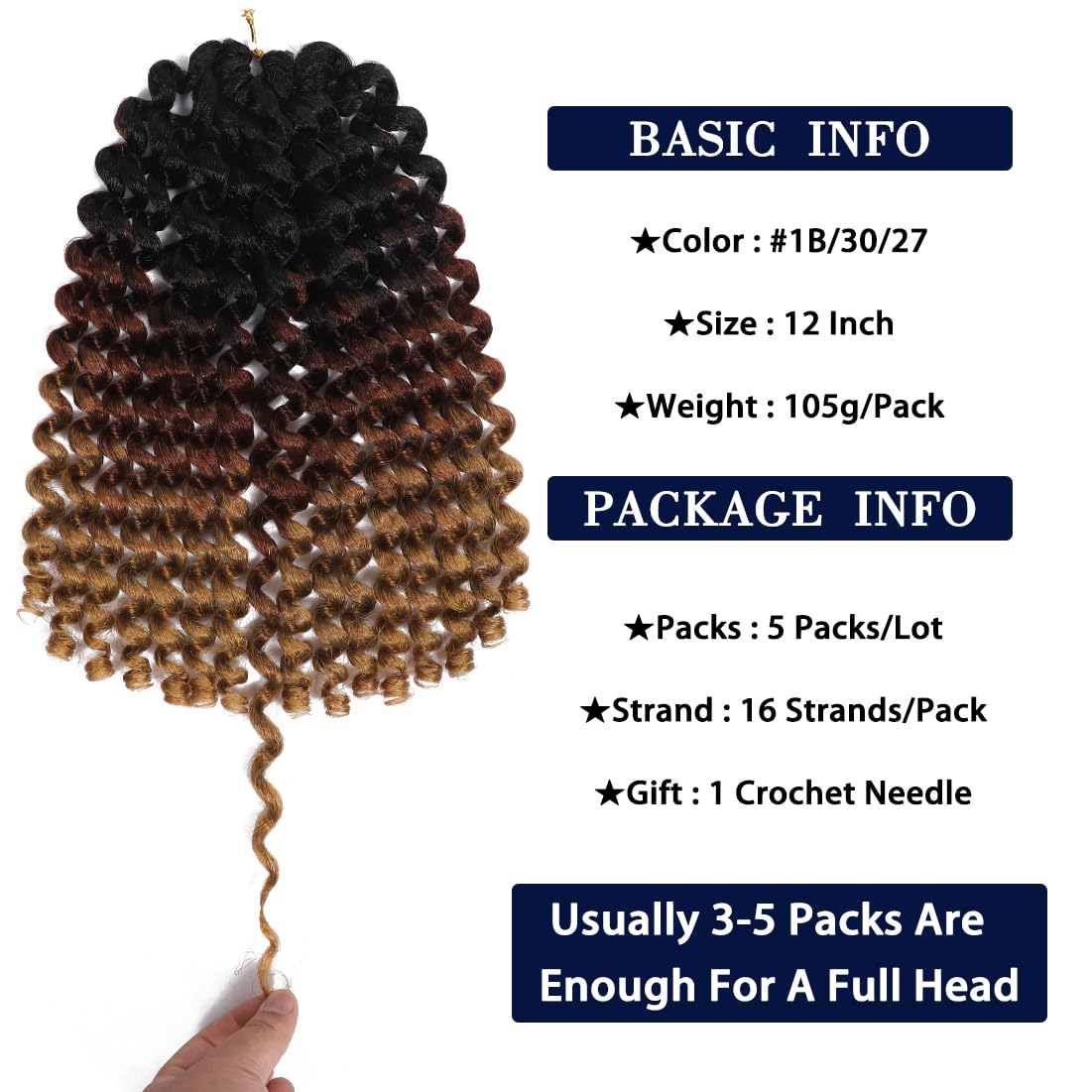 Ombre Jamaican Bounce Crochet Hair - 12 Inch Ringlet Wand Curl Crochet Braids with Jamaican Bounce (5 PCS, 1B/30/27)