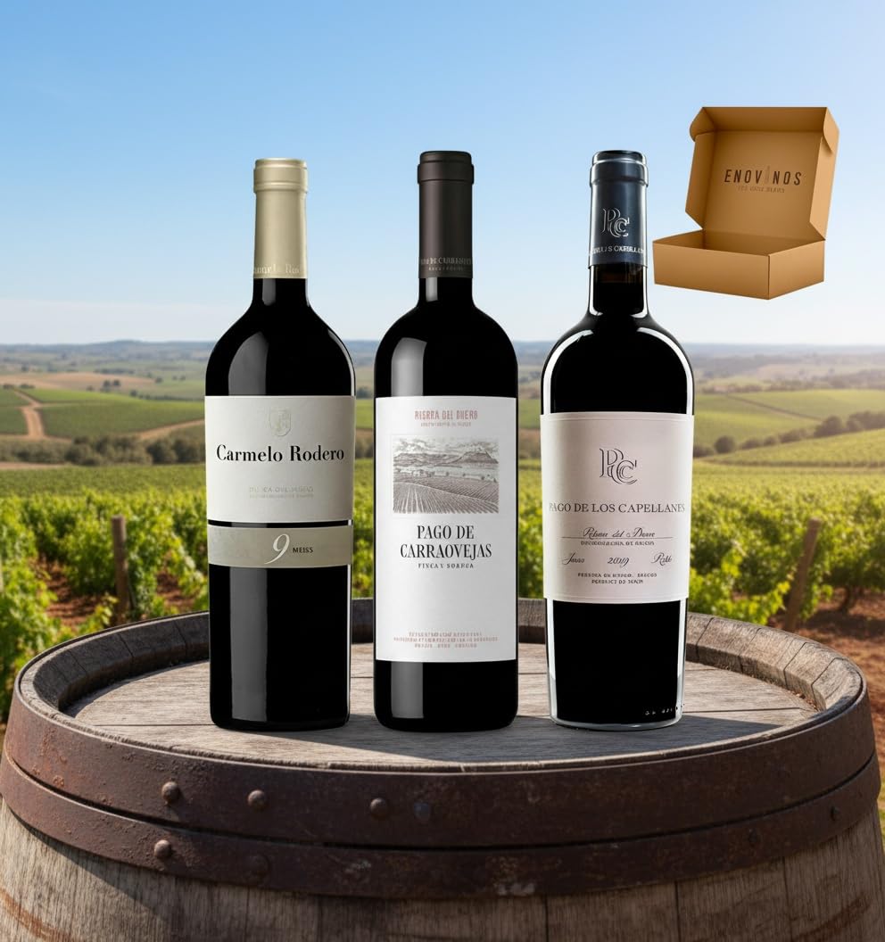 Pack Vinos Ribera del Duero - Envio 24h - Vinos Regalo - 3 x Botella 75 cl - Carmelo Rodero 9 Meses, Pago de Carraovejas, Pago de los Capellanes Roble - Mejor Seleccion ENOVINOS THE WINE BRAND