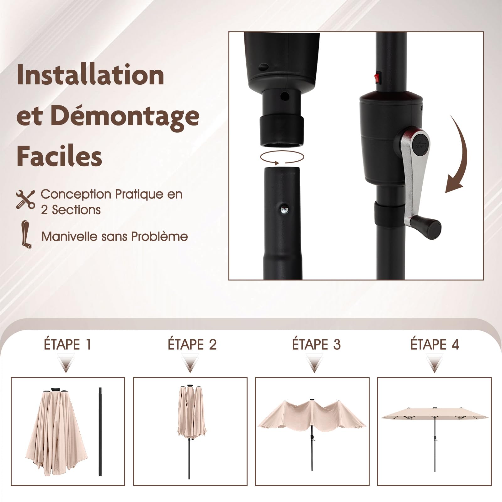 GOPLUS 3,8M Parasol de Jardin Extérieur Double, Grand Parasol Rectangulaire avec LED Coloré, Manivelle, Panneau Solaire, 12 Baleines, pour Terrasses Balcon Cour Marché (Beige)