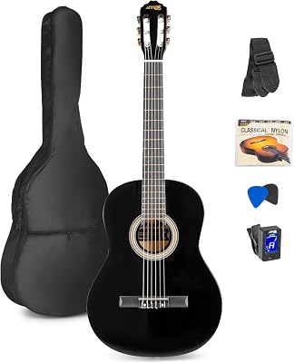 MAX SoloArt Guitarra clasica con cuerdas de nailon para Principiantes Adultos - guitarra flamenca con Funda, Afinador, Púa, Correa y Accesorios - Guitarra Española 4/4 en color negro