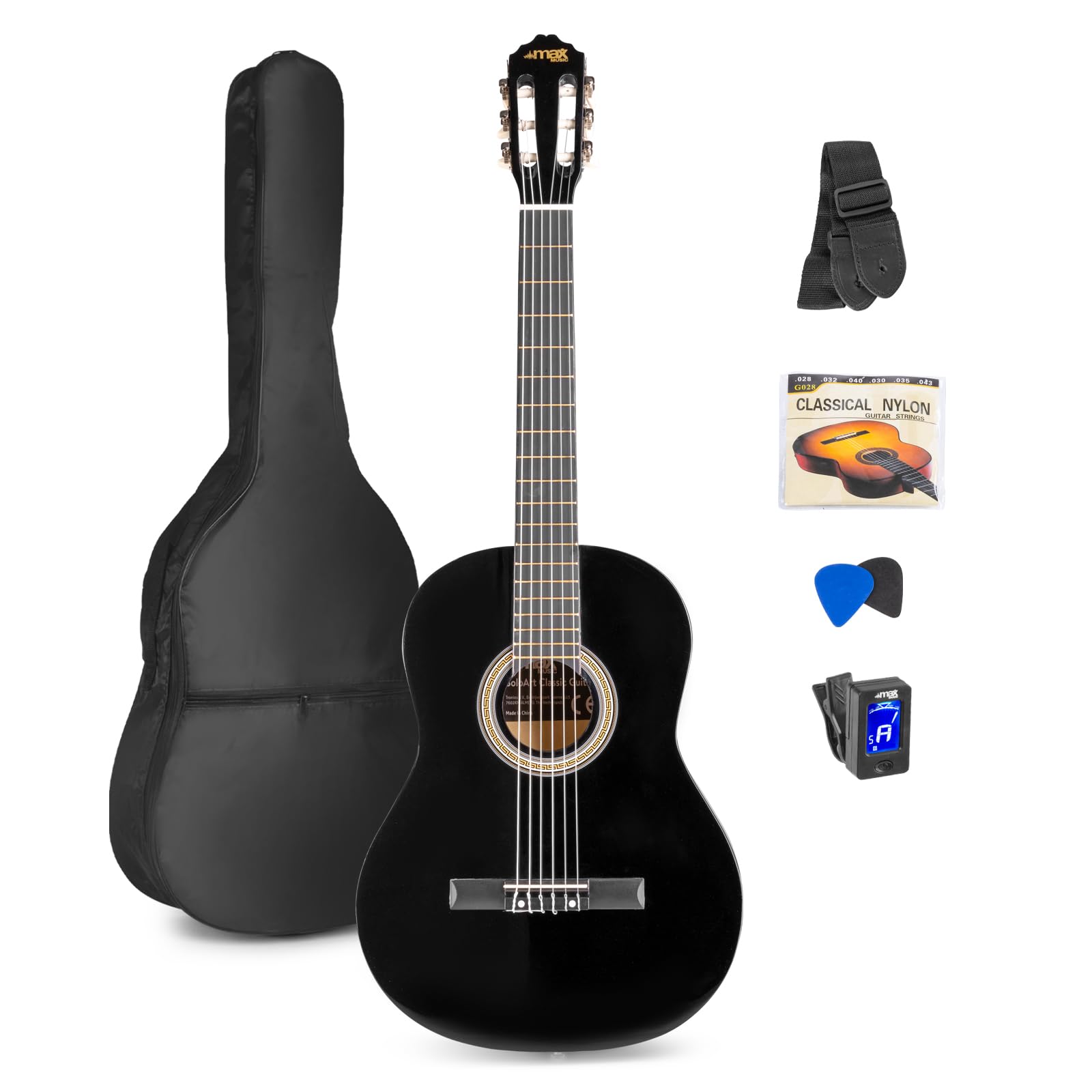Max SoloArt - Guitare Classique Adulte Débutant - Noir, Cordes en Nylon, Livré avec un Tuner Digital, un Sac de Transport, des Médiators et une Sangle, Idéal pour Musiciens Débutants