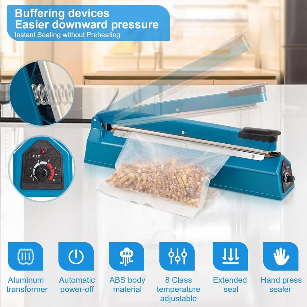 Máquina selladora manual de película para alimentos, máquina envasadora doméstica pequeña, 8 niveles ajustables y protección contra cortes de energía, ancho de sellado opcional de 2/5/8 mm