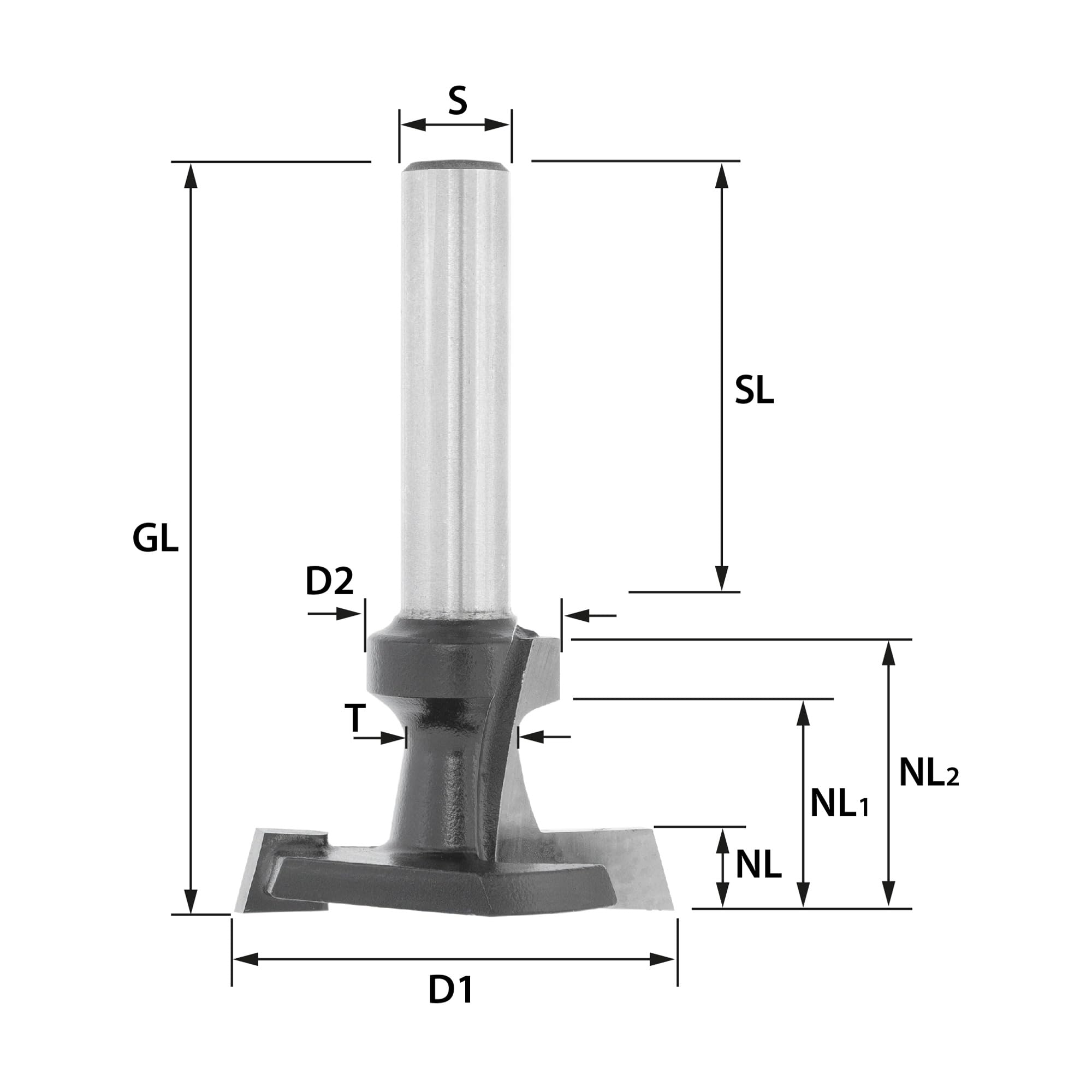 ENT 17832 T-Nutfräser für Regalsysteme HW, Schaft (S) 8 mm, Durchmesser (D1) 32 mm, Nutzlänge (NL2) 20 mm, T 8,7 mm, mit Rundungsprofil, für Haken und Winkel