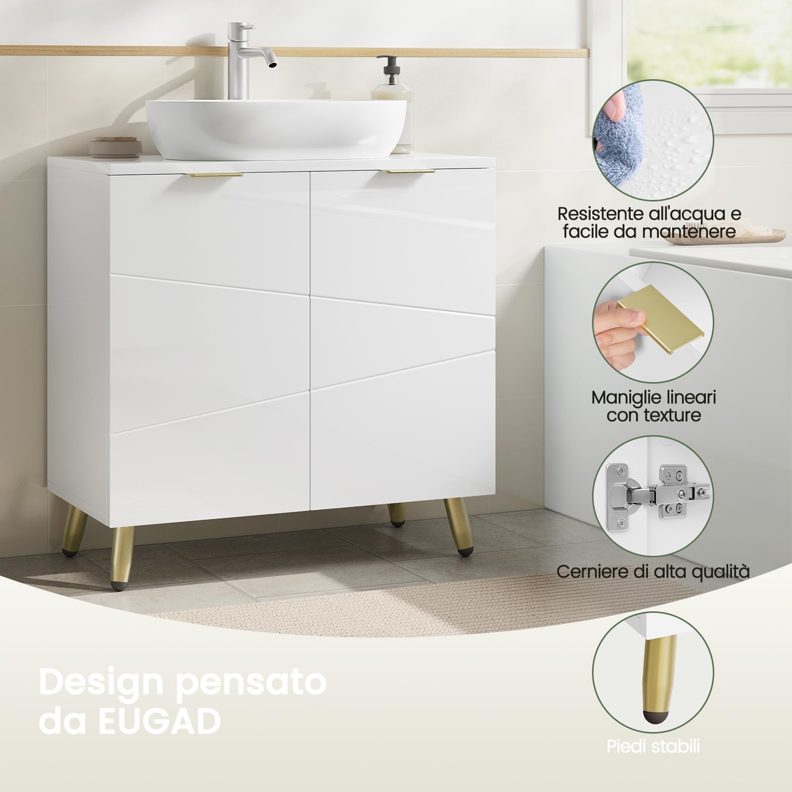 EUGAD Mobile Sottolavabo per Bagno, Armadietto Sotto Lavandino da Terra a 2 Ante, Mobiletto Copricolonna in Legno, con Ripiano Regolabile e Foro per Sifone, Bianco Lucido, 60x30x60cm
