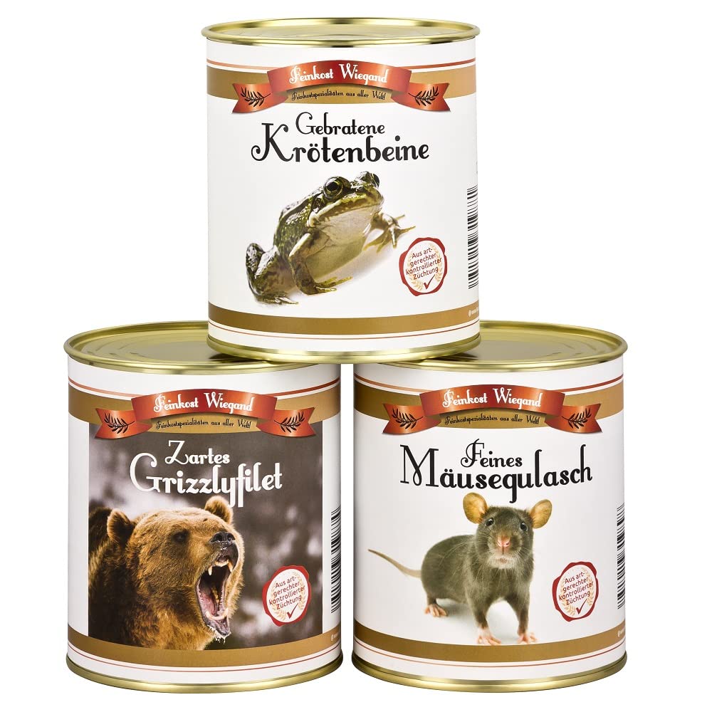 4youDesign 3-er Set Mäusegulasch, Grizzlyfilet, Krötenbeine Feines aus der Dose – Gummibärchen, Frösche & weiße Mäuse Schaumgummi in Original Feinkostdose – Lustige Geschenkidee für Sie & Ihn 3x175g
