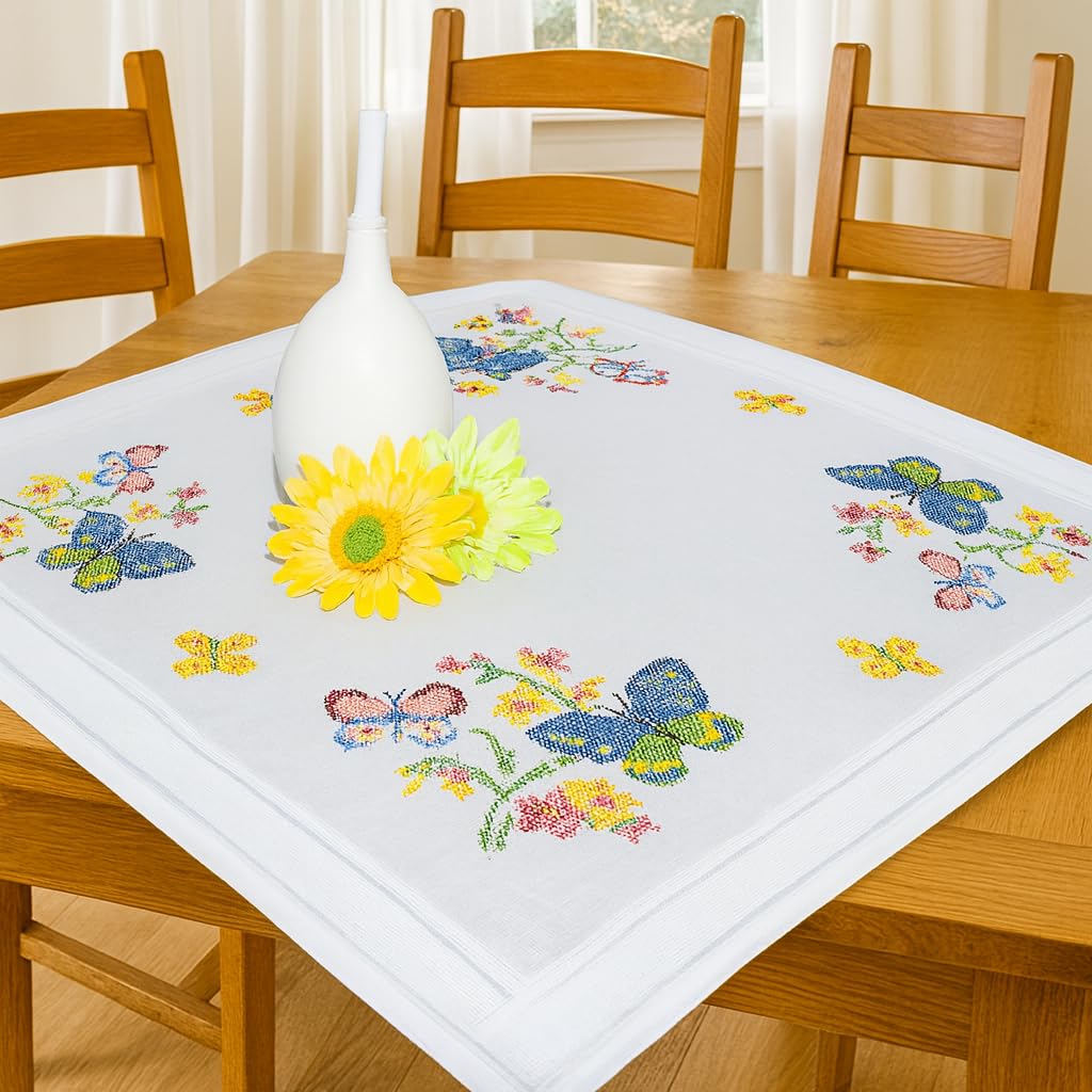 KAMACA, kit per ricamo a punto croce, tovaglia 80x80 cm, set prestampato con filo da ricamo, modello e istruzioni, set per ricamo fai-da-te per adulti (farfalle MD 80x80 cm)