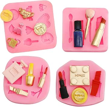 4Pcs Makeup Tool Design Lipstick Perfume Silicone Molds Set for DIY Fondant Candy Making Chocolate Mold Lollipop Desserts Ice Cube Gum Clay Soap Biscuit Plaster Resin Cupcake Topper Cake Decor Moulds