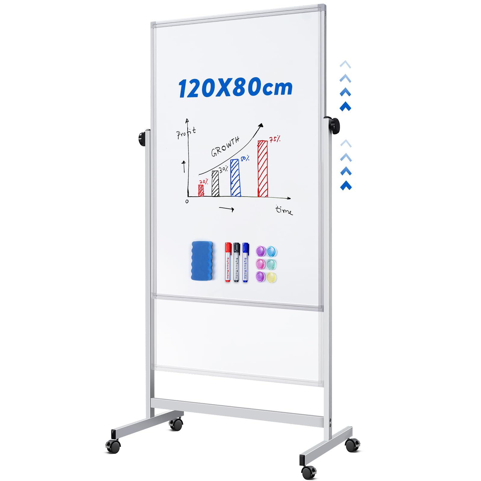 maxtek Lavagna mobile regolabile in altezza, 120 x 80 cm, lavagna magnetica su entrambi i lati con supporto, lavagnetta a secco, per ufficio, classe e casa