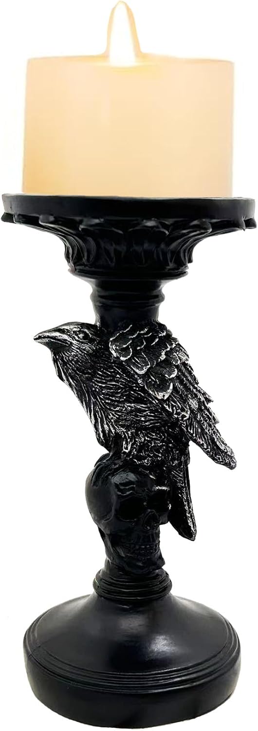 Skull Candlestick Holder for Halloween Decoration, Raven Skull Skeleton Spooky Decor Pillar Candle Holder, Antique Creepy Skeleton Black Taper Candle Holders for Halloween Christmas