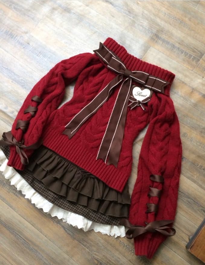 Womens Y2k Off The Shoulder Sweater Cute Bow Long Sleeve Cable Knit Pullover Kawaii Sexy Knitted Top4