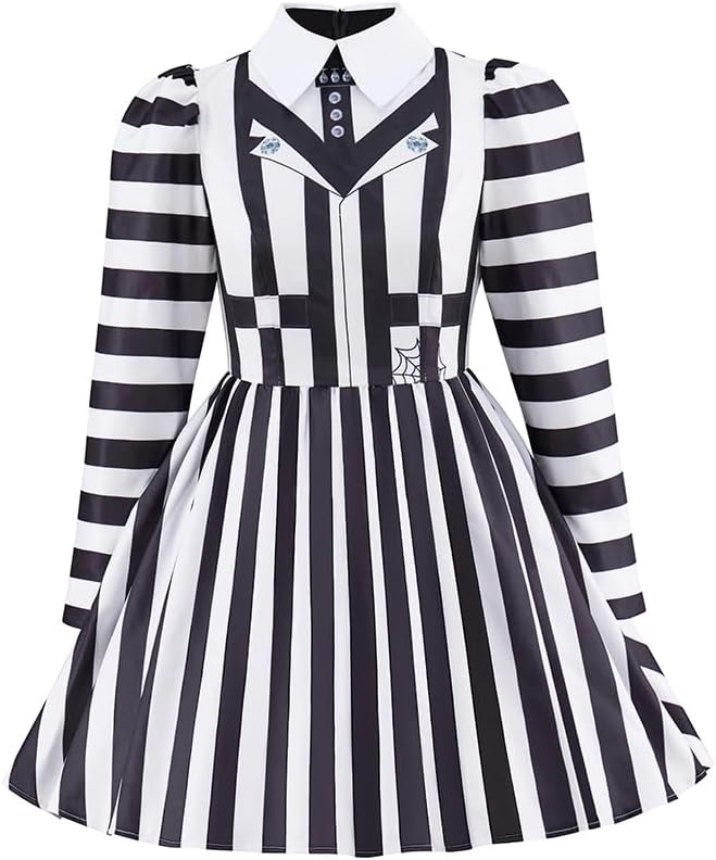 Betelgeuse Costume Womens Horror Movie Character Costumes Black and White Vertical Stripe Dress Outfit