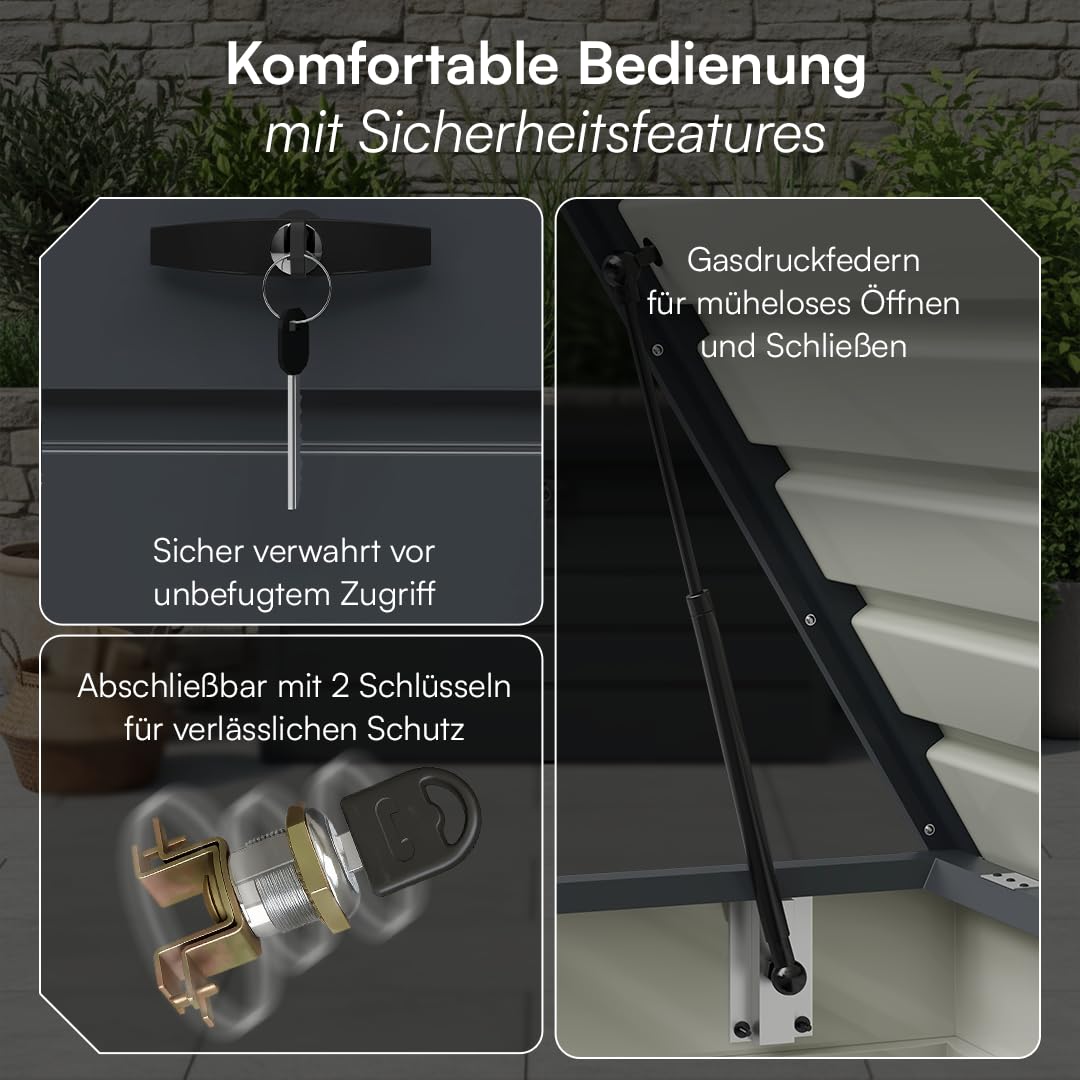 STEELSØN Dorado Gartenbox aus verzinktem Metall 350 Liter – Outdoor Box wasserdicht Anthrazit – Auflagenbox abschließbar mit klappbarem Deckel – Aufbewahrungsbox Garten/Balkon/Terrasse 120x62x63 cm