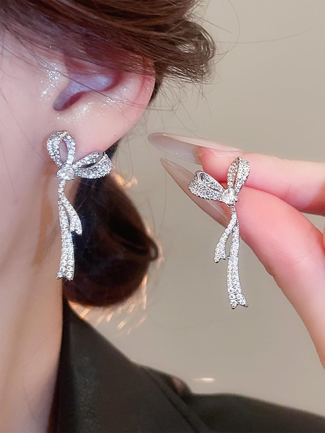 FliuSaux Bow Earrings for Women Silver Rhinestone Earrings Ribbon Drop Earring Trendy Small Bow Earrings Cute Sparkly Jewelry Daily Party Gifts Prom Dress Accessories - Image 4