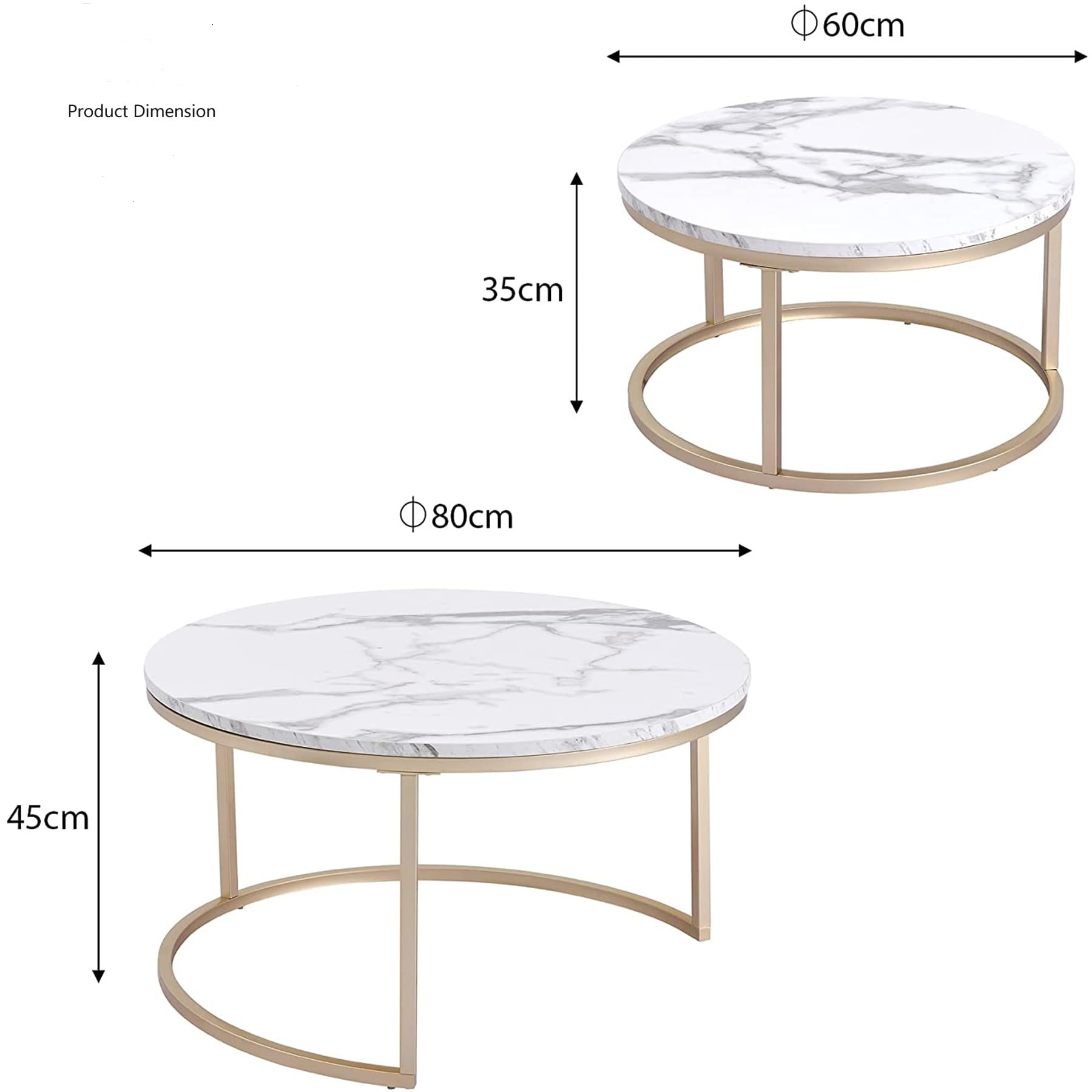 Rund Satztische Couchtisch 2er Set, Moderner Nesting-Tisch mit Stabilem Metallgestell, Geeignet für Wohnzimmer, Balkon, Büro, Groß: 80 * 80 * 45cm; Klein: 60 * 60 * 35cm (Weiß/Gold)