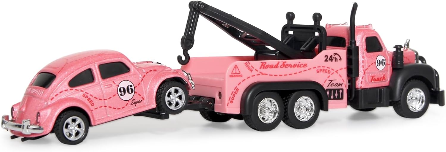 Mini Rc Truck,Tow Trucks Toy with Mini Metal Car Set 2PCS,City Service Vehicle Remote Control Tow Truck Toys for Kids Boys Gifts 3-5 4-7 8-12 Years Old, 1:64 Scale Cars Trailer Toy with Light (Pink)
