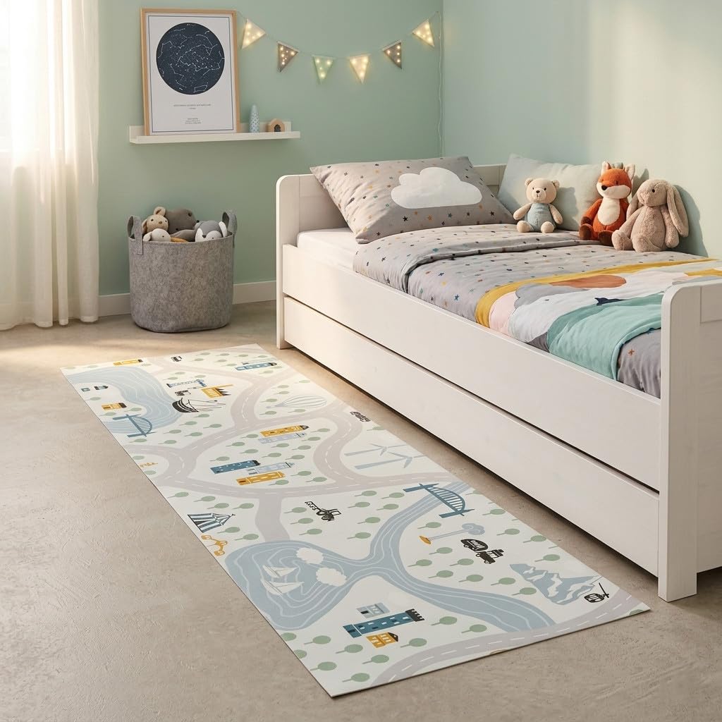 Alfombra de Vinilo Infantil Villa – Pie de Cama Larga y fácil de Limpiar. (50x200 cm)
