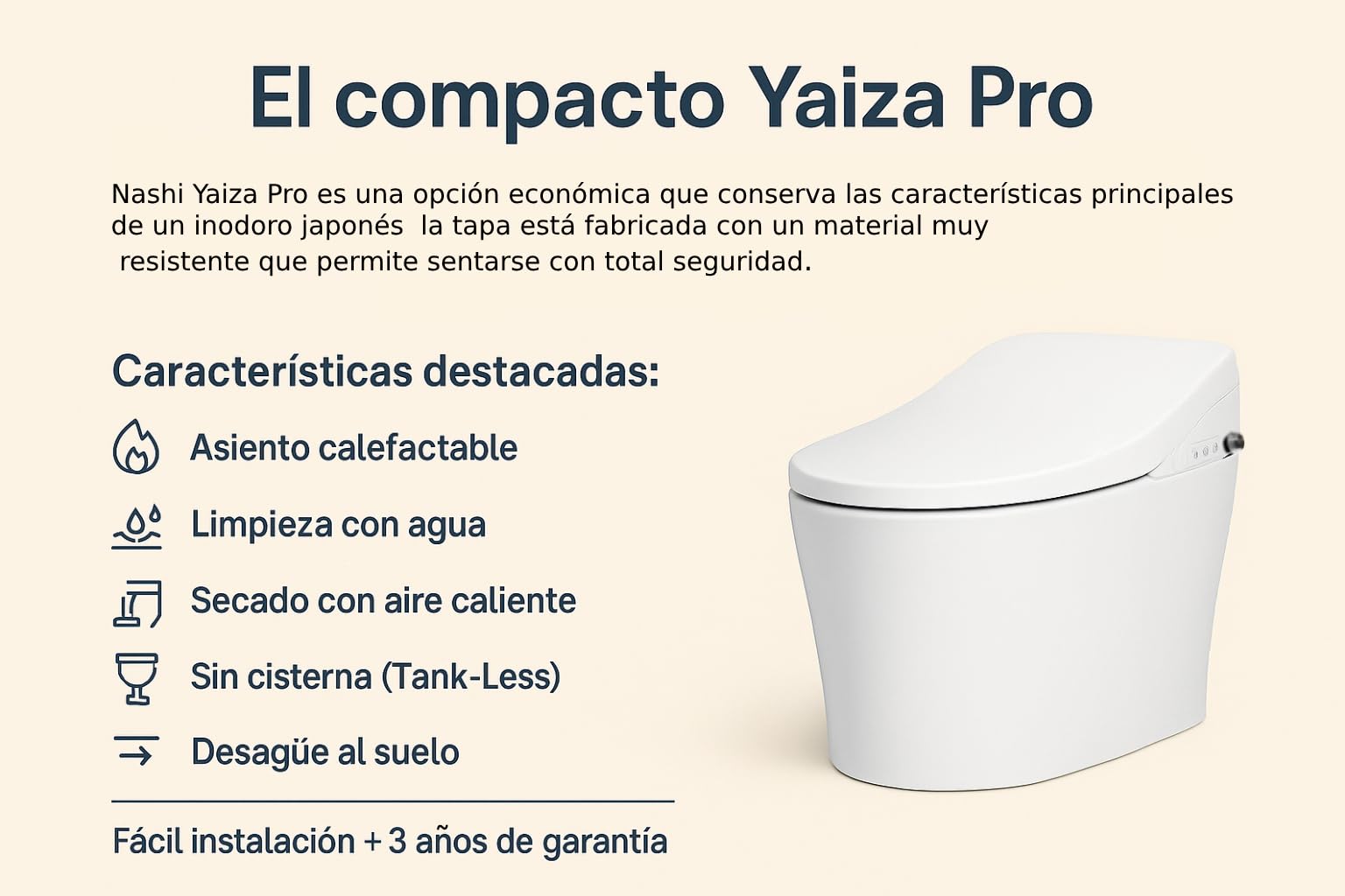 Nashi Yaiza Pro - wc Japonés | Inodoro inteligente | Diseño sin Cisterna, Sistema Fluxom | Descarga Auto | Luz de Cortesía | Asiento Calefactable, Agua Caliente y Secado | smart toilet