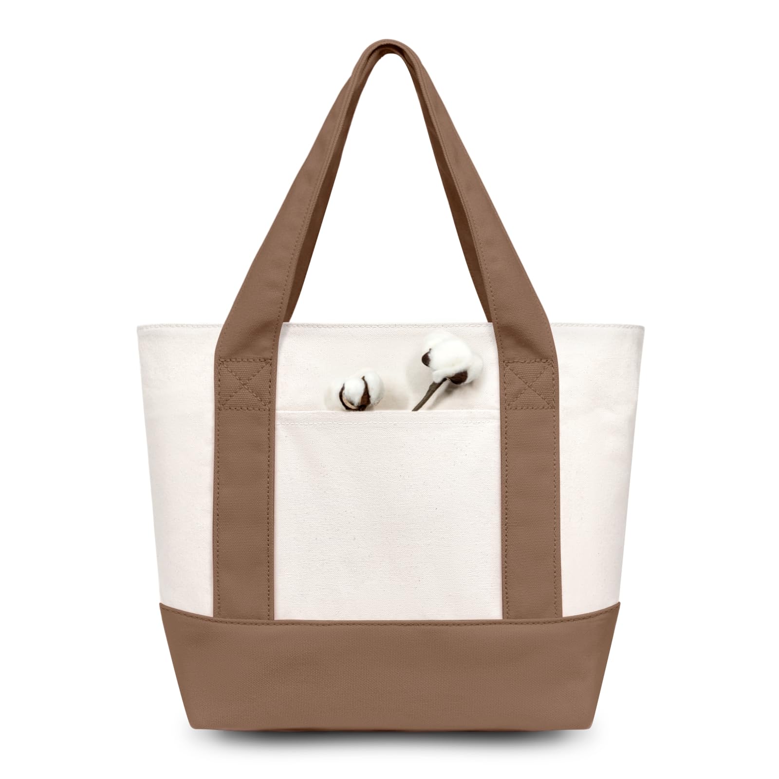 TOPDesign 3-Pack Small Canvas Tote Bags with an External Pocket, Reusable Bags, Top Zipper Closure, Daily Essentials (Brown/Natural)
