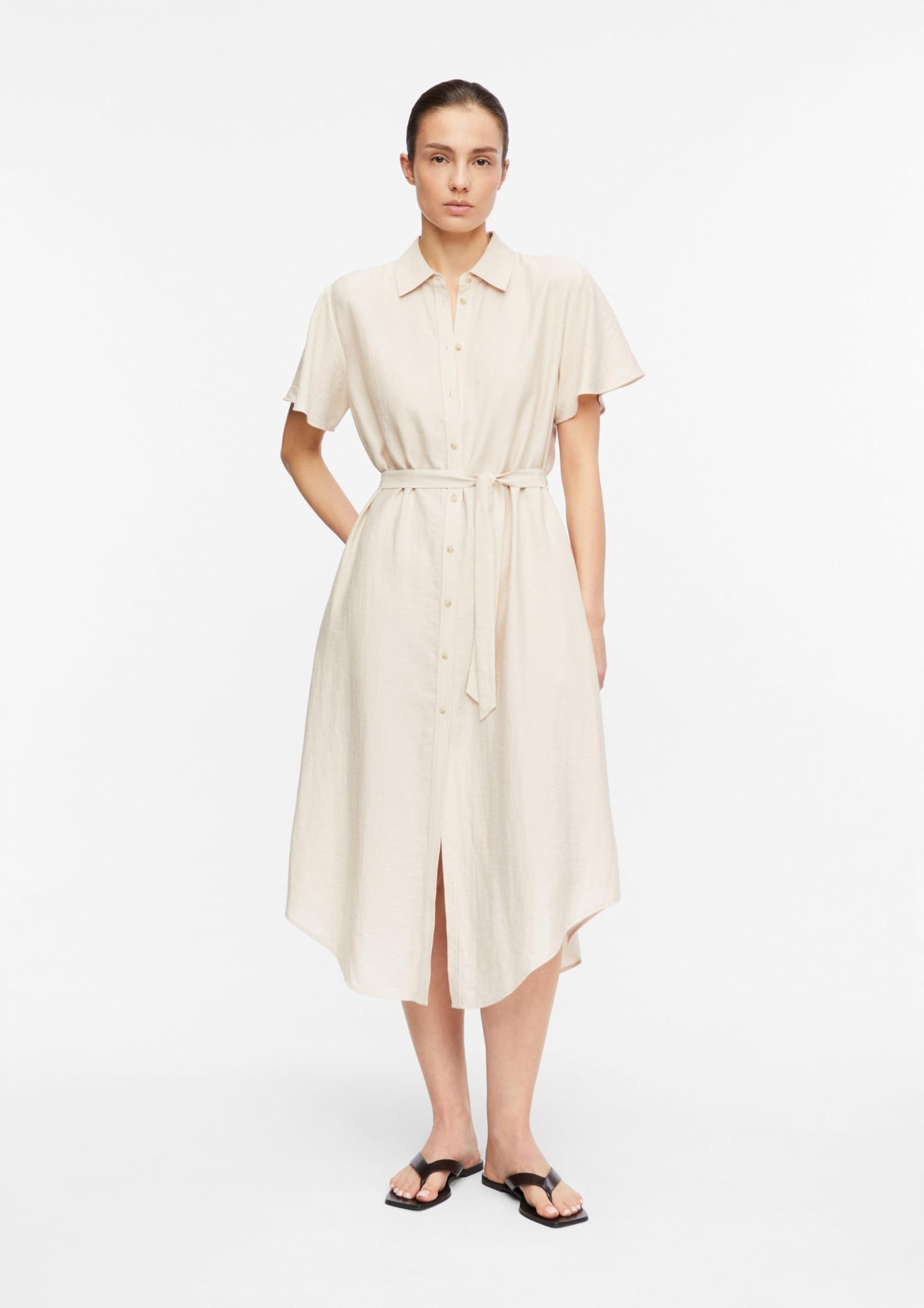 Comma Damen Hemdblusenkleid aus Viskose-Leinen-Mix – Relaxed Fit, Kurzarm, Midi-Länge