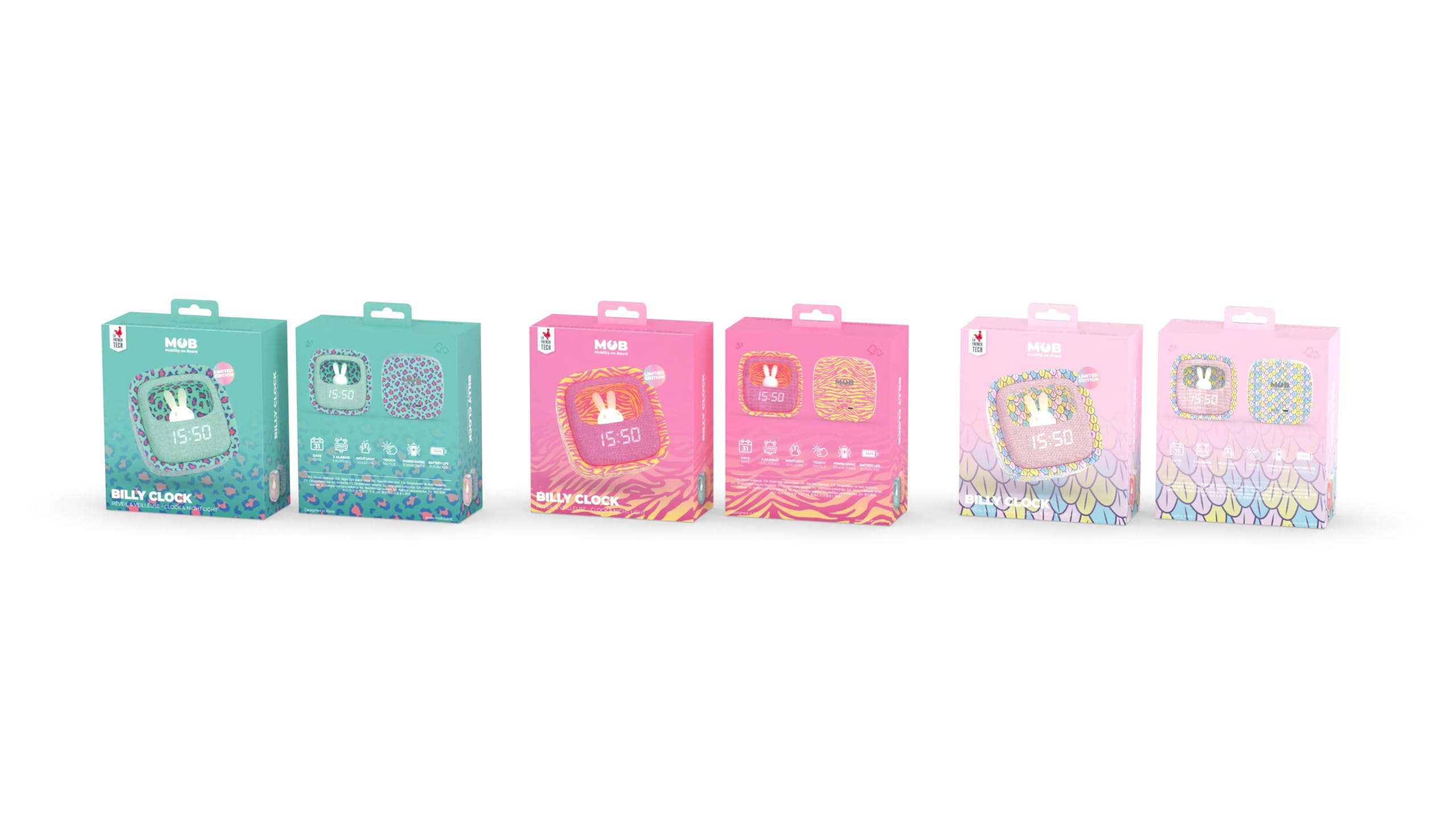 MOB – MOBILITY ON BOARD Billy Clock Sveglia e luce notturna per bambini Sirena arcobaleno - Motivo coniglio - Cornice in plastica morbida - Data, ora e 3 impostazioni di sveglia