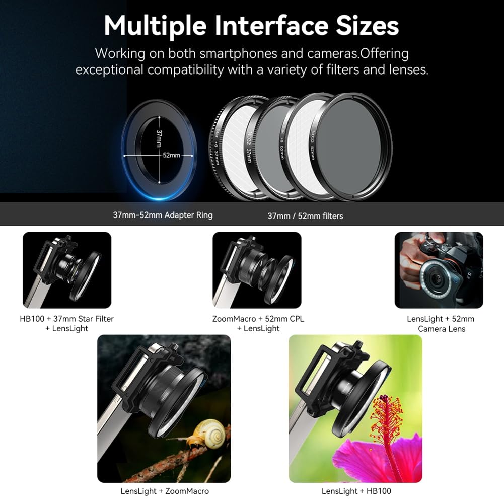 Objectif Macro, Lumière Annulaire de Remplissage, Ring Light, 3 Couleurs, 5 Niveaux, 2700k-6500k, 32 LED, 45 Effets D'Éclairage pour Filtres de 37 Mm/52 Mm.