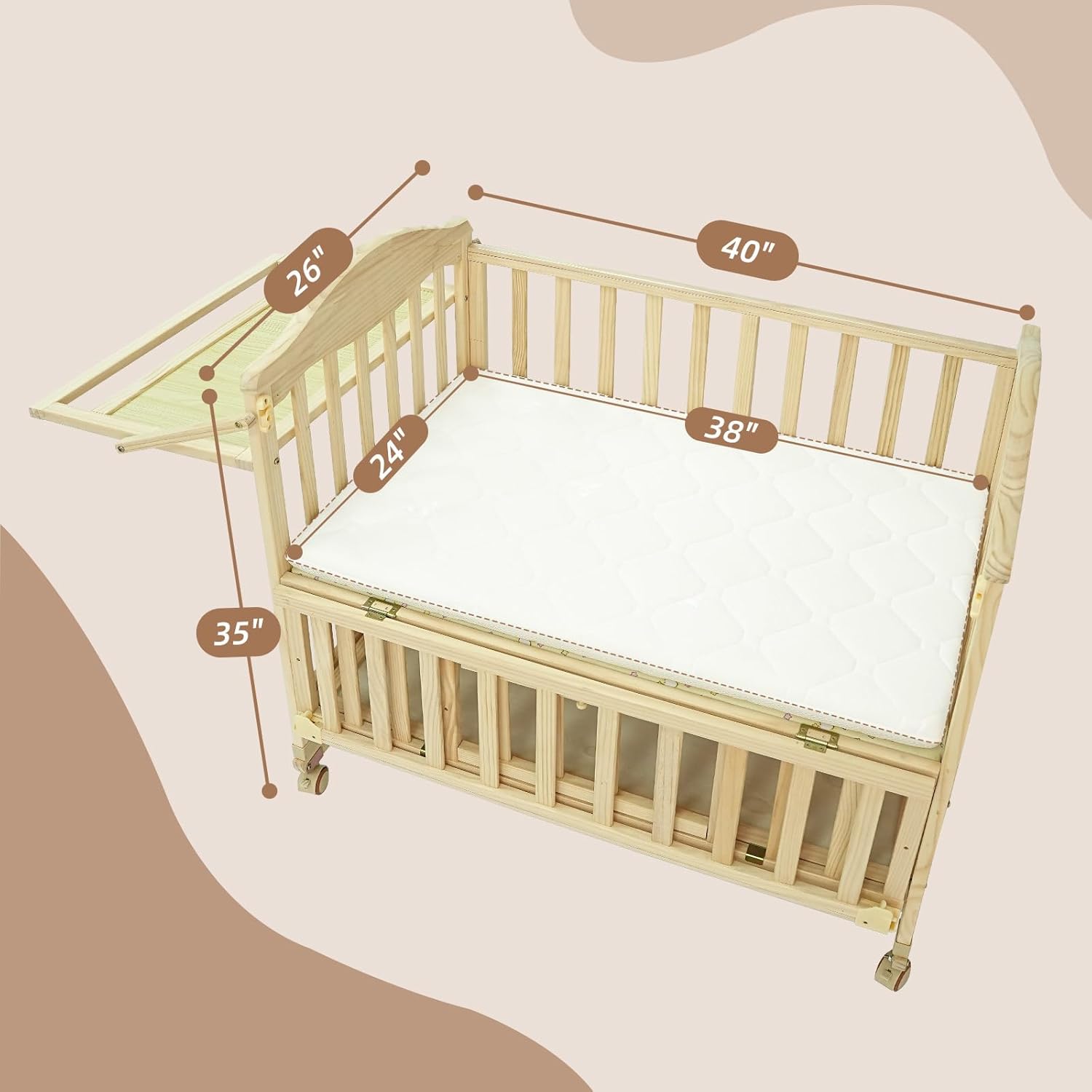 Diagram showing the dimensions of the Flwrgirl Mini Baby Crib: 40 inches length, 26 inches width, 38 inches height, and 35 inches height to the top of the side rail